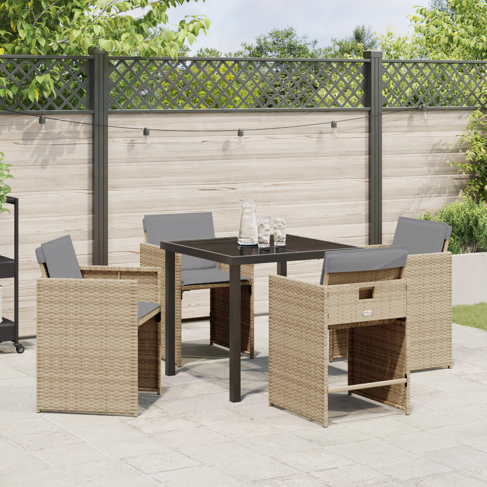 Set dining 5 piese grădină  cu perne bej din ratan poli, Masă grădină  neagră 80x80x73 cm din sticlă temperată GartenMobel Dekor