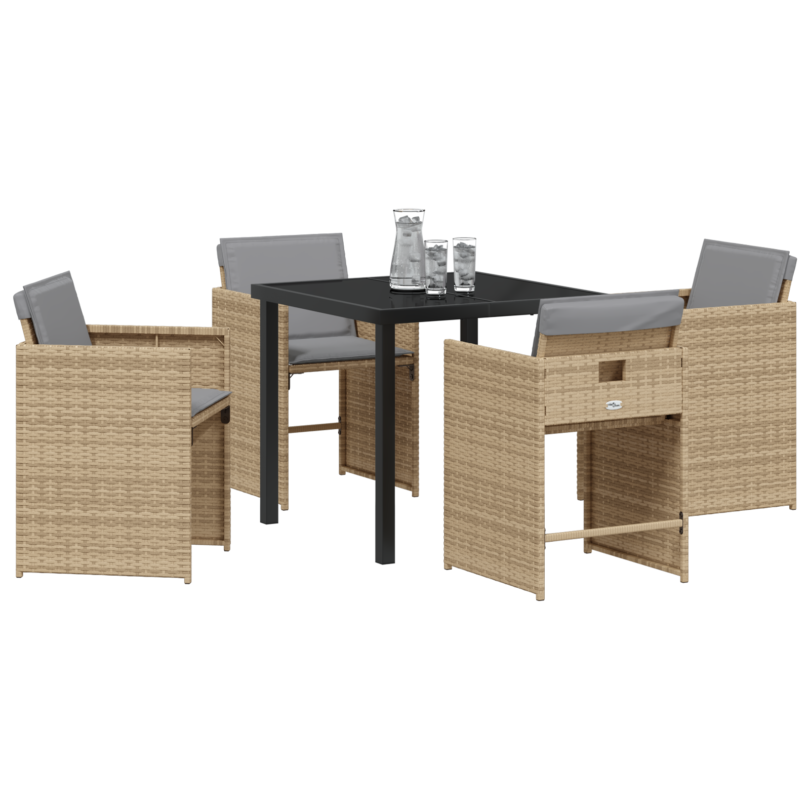 Set dining 5 piese grădină  cu perne bej din ratan poli, Masă grădină  neagră 80x80x73 cm din sticlă temperată GartenMobel Dekor