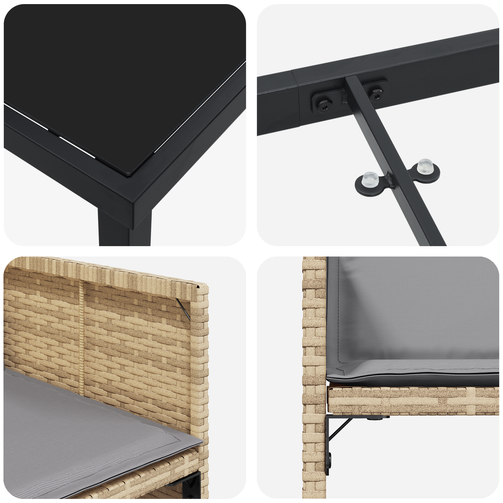 Set dining 5 piese grădină  cu perne bej din ratan poli, Masă grădină  neagră 80x80x73 cm din sticlă temperată GartenMobel Dekor