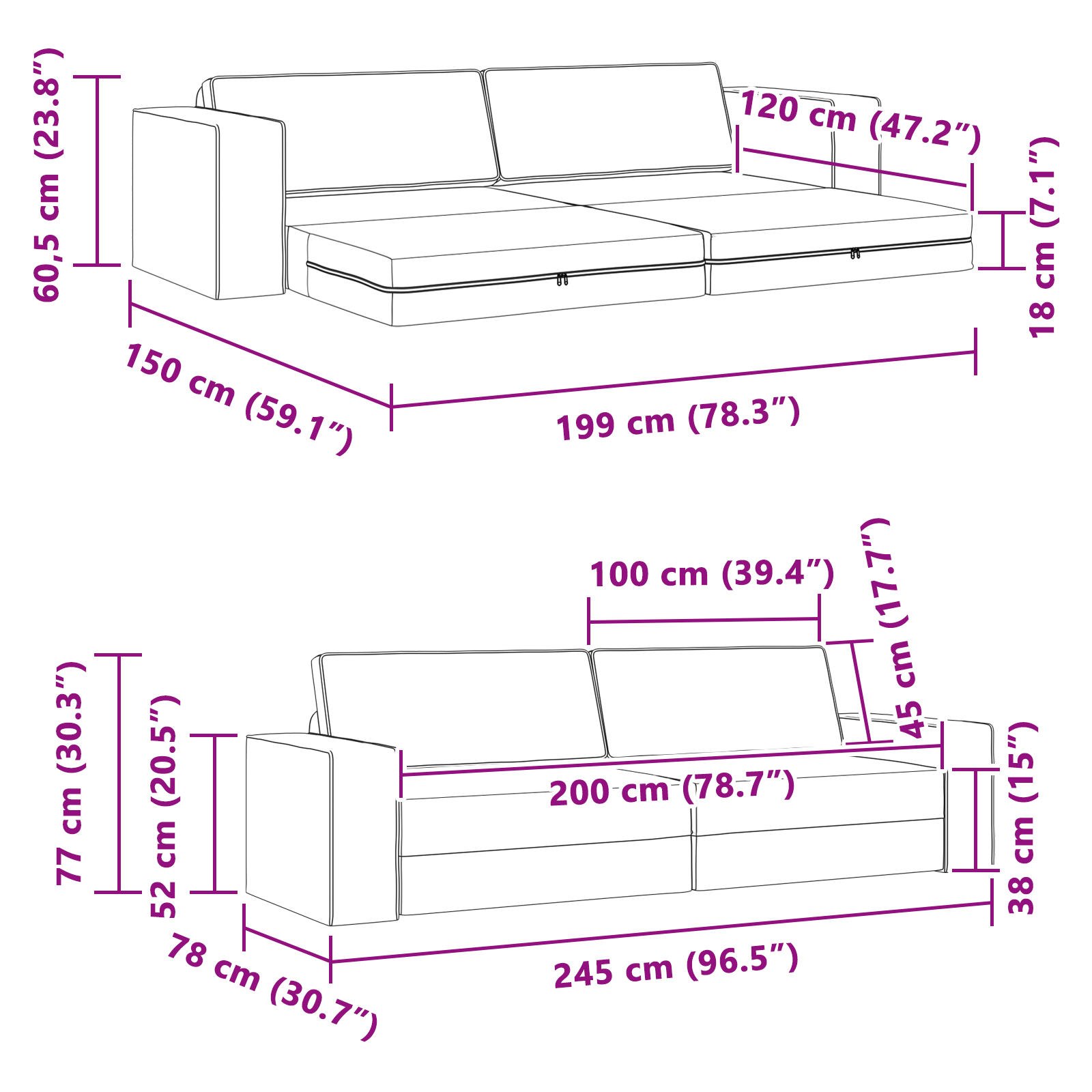 Canapea Pat 2-in-1 Neagră 245x150x60.5 cm Țesătură GartenMobel Dekor