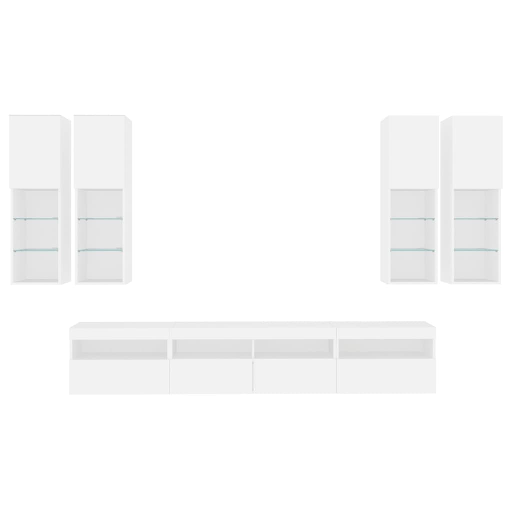 Set comode TV de perete, 7 piese, cu lumini LED, alb GartenMobel Dekor