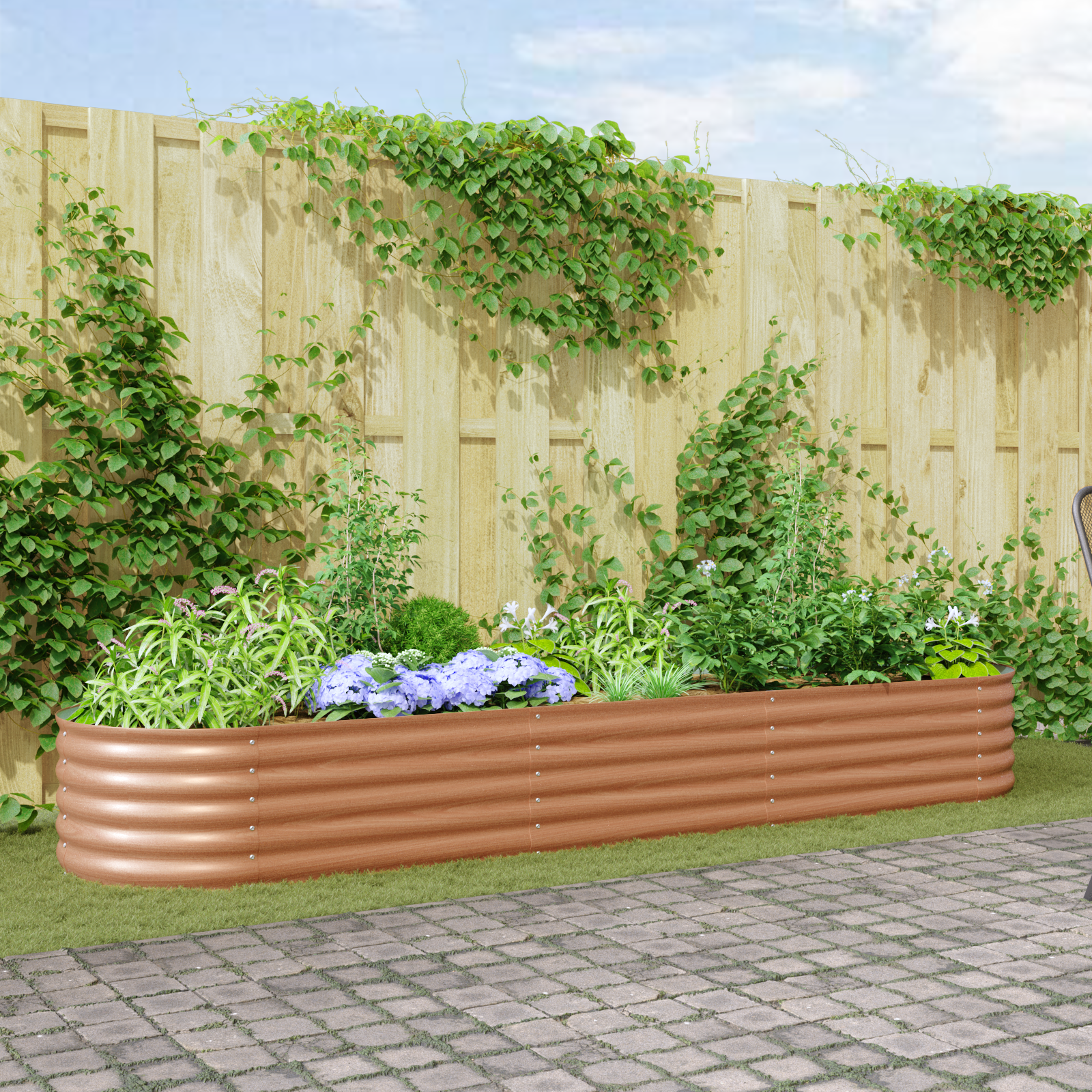 Pat de grădină ridicat maro cu aspect de lemn 320x80x44 cm din oțel GartenMobel Dekor