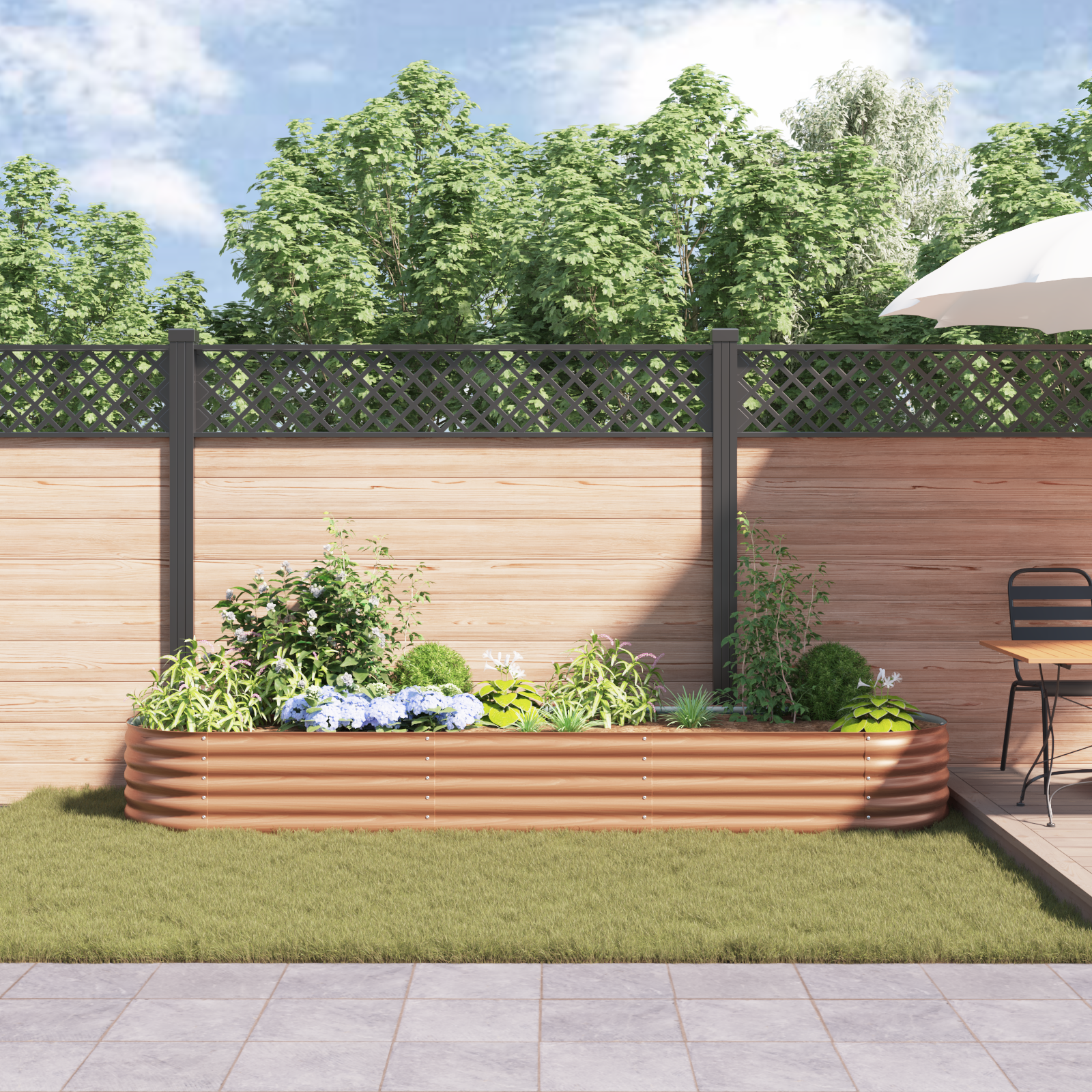 Pat de grădină ridicat maro cu aspect de lemn 320x80x44 cm din oțel GartenMobel Dekor