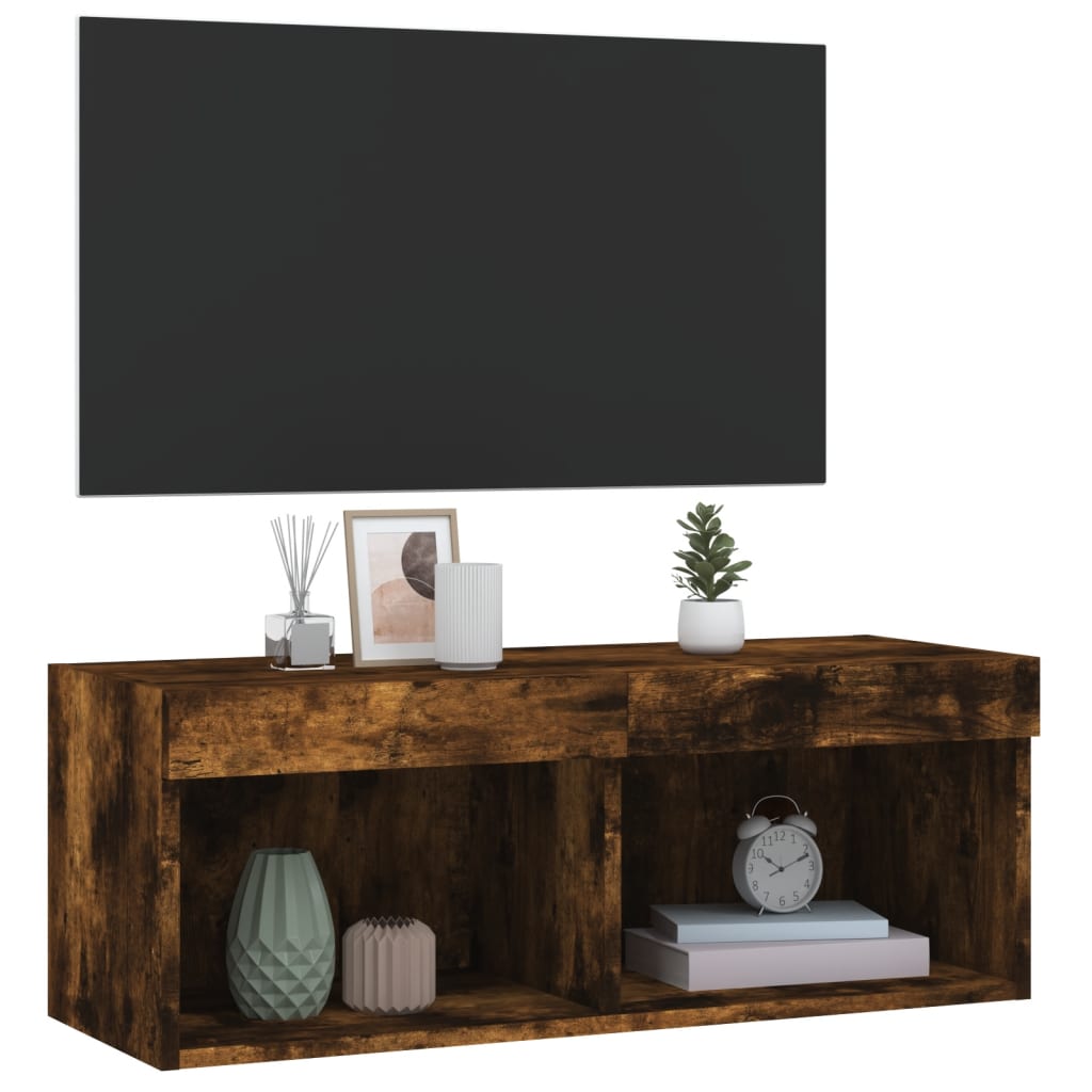 Comodă TV cu lumini LED, stejar fumuriu, 80x30x30 cm GartenMobel Dekor