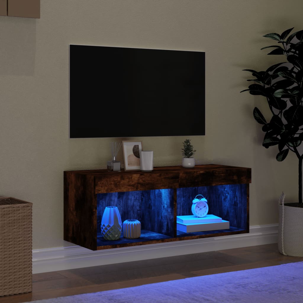 Comodă TV cu lumini LED, stejar fumuriu, 80x30x30 cm GartenMobel Dekor