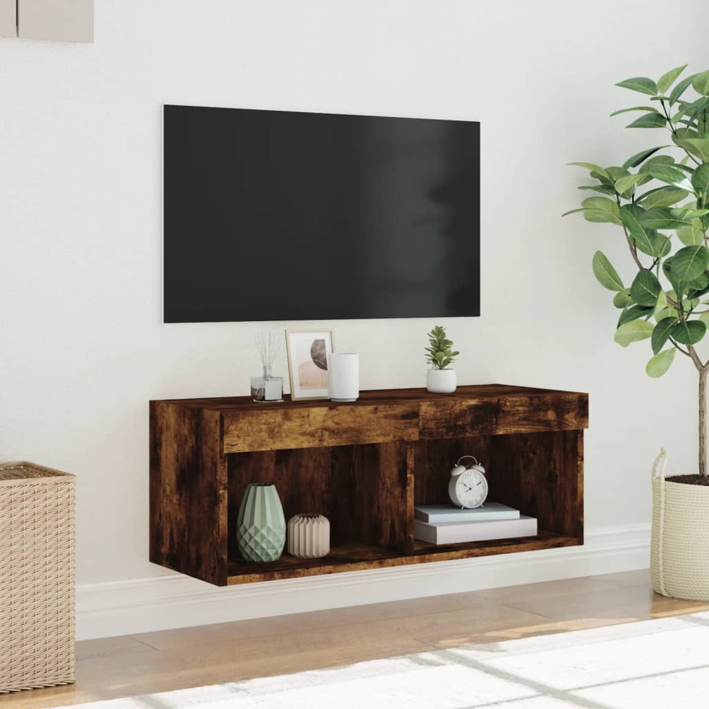 Comodă TV cu lumini LED, stejar fumuriu, 80x30x30 cm GartenMobel Dekor