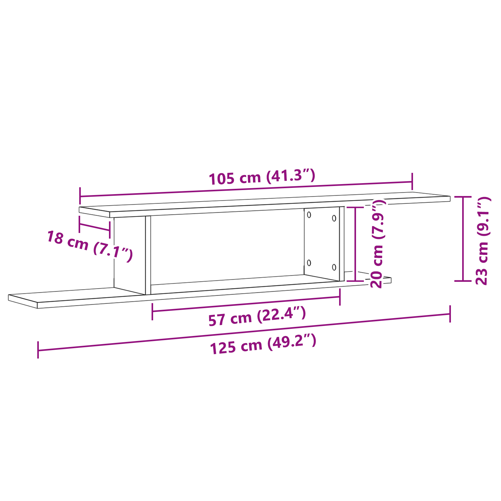 Raft TV de perete  Negru Stejar 125x18x23 cm din lemn GartenMobel Dekor