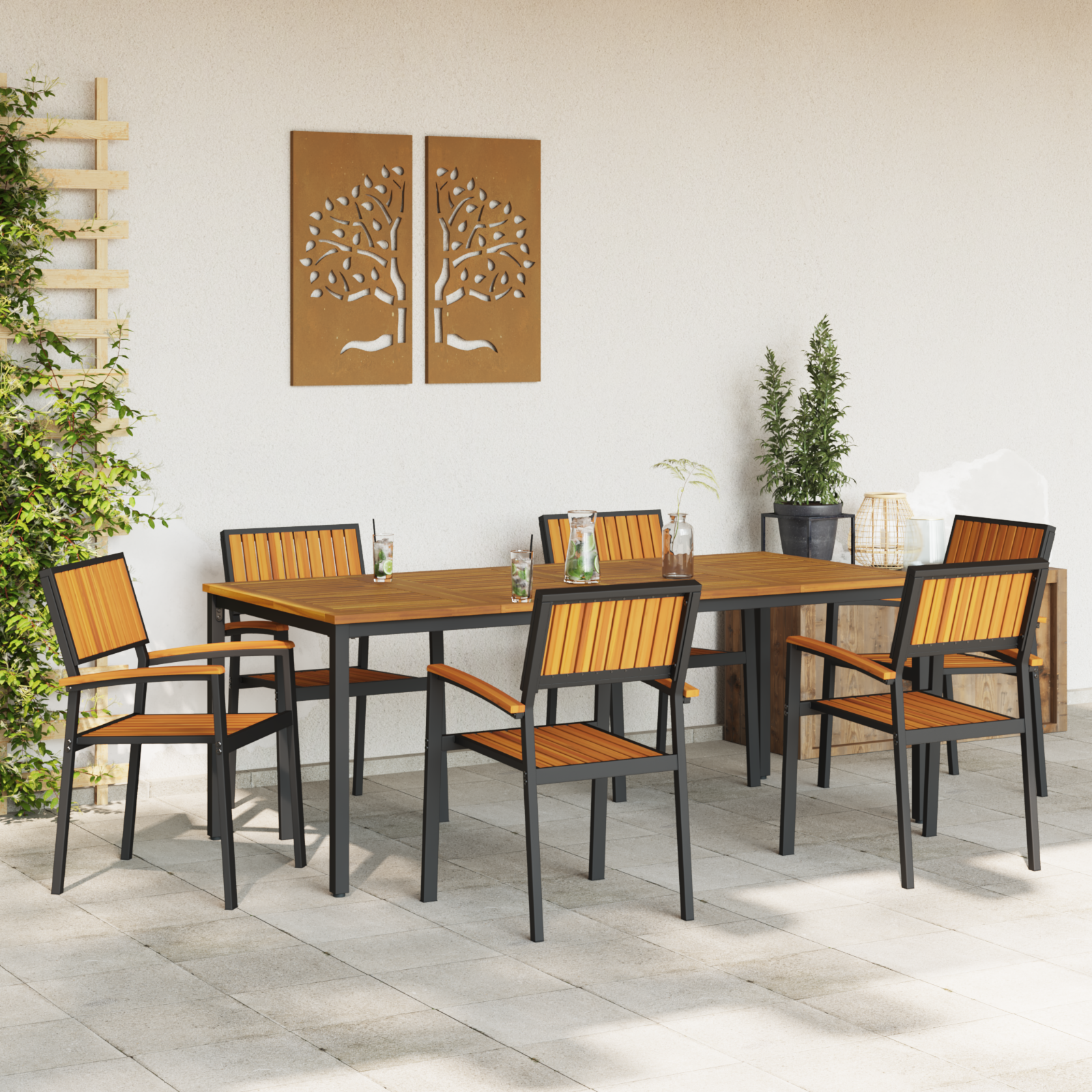 Scaune de grădină stacking 6 pcs Oțel negru și lemn solid de acacia GartenMobel Dekor