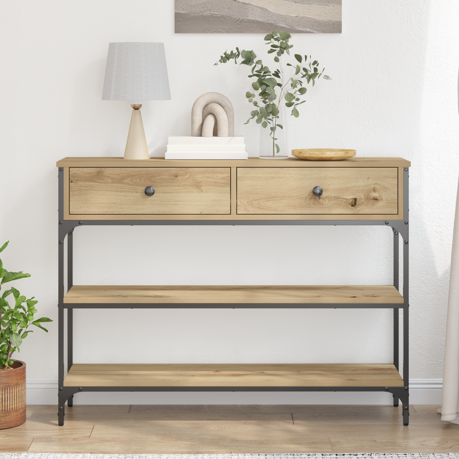 Masă consolă, stejar artizanal, 100x25x75 cm, lemn și oțel GartenMobel Dekor