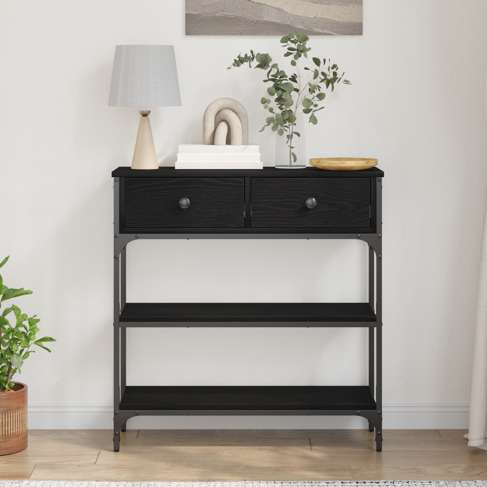 Masă consolă, stejar negru, 72,5x25x75 cm lemn prelucrat & oțel GartenMobel Dekor