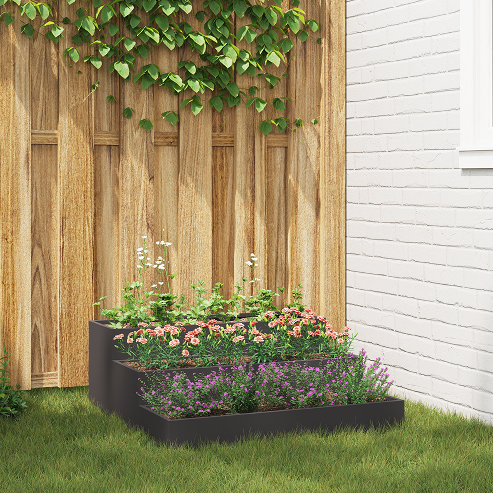 Ghivece pentru grădină 3-nivele 90x90x35 cm Oțel Negru GartenMobel Dekor