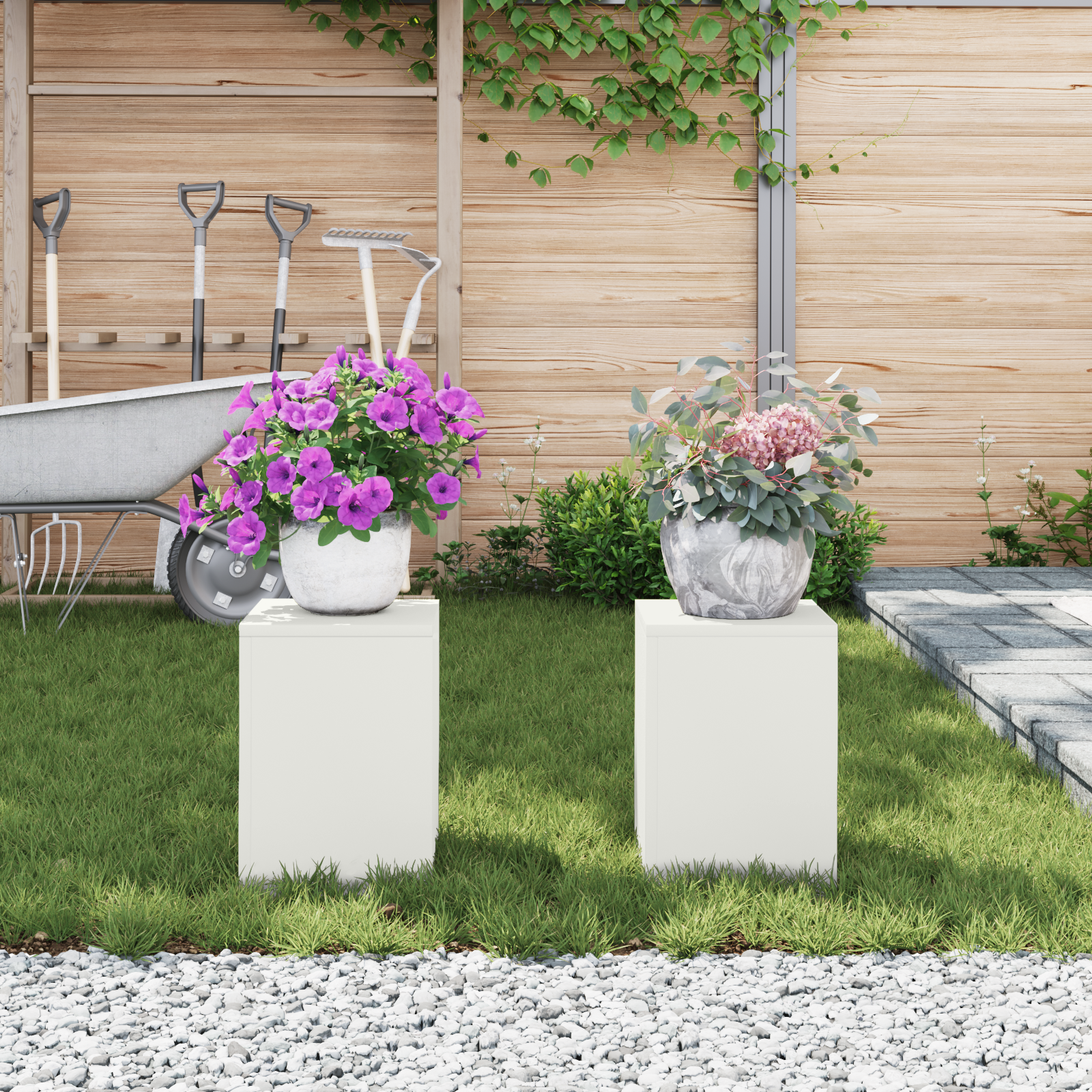 Suporturi plante pilon, exterior, 2 buc., alb, 24x24x35 cm oțel GartenMobel Dekor
