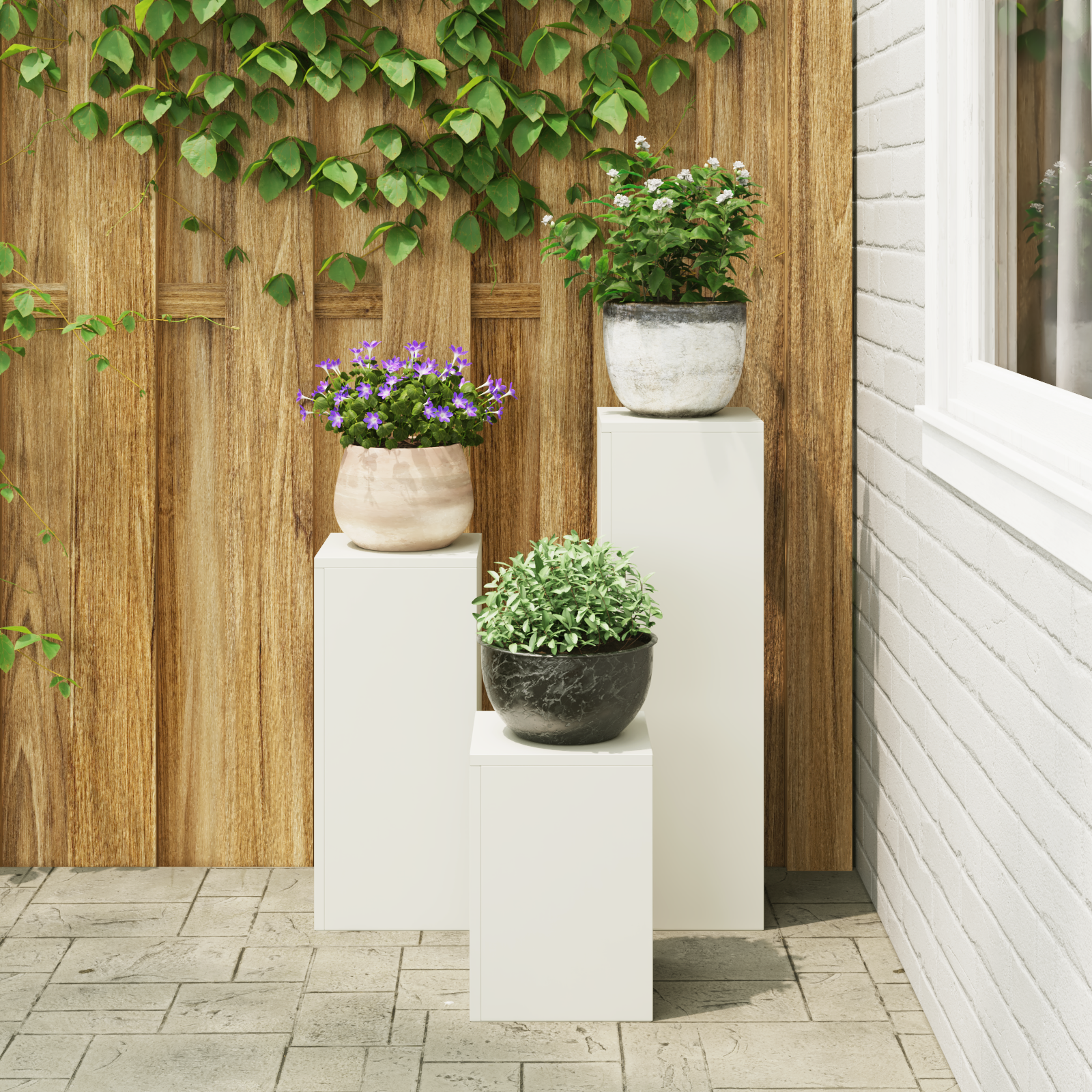 Suporturi plante pilon, exterior, 3 buc., alb, oțel GartenMobel Dekor