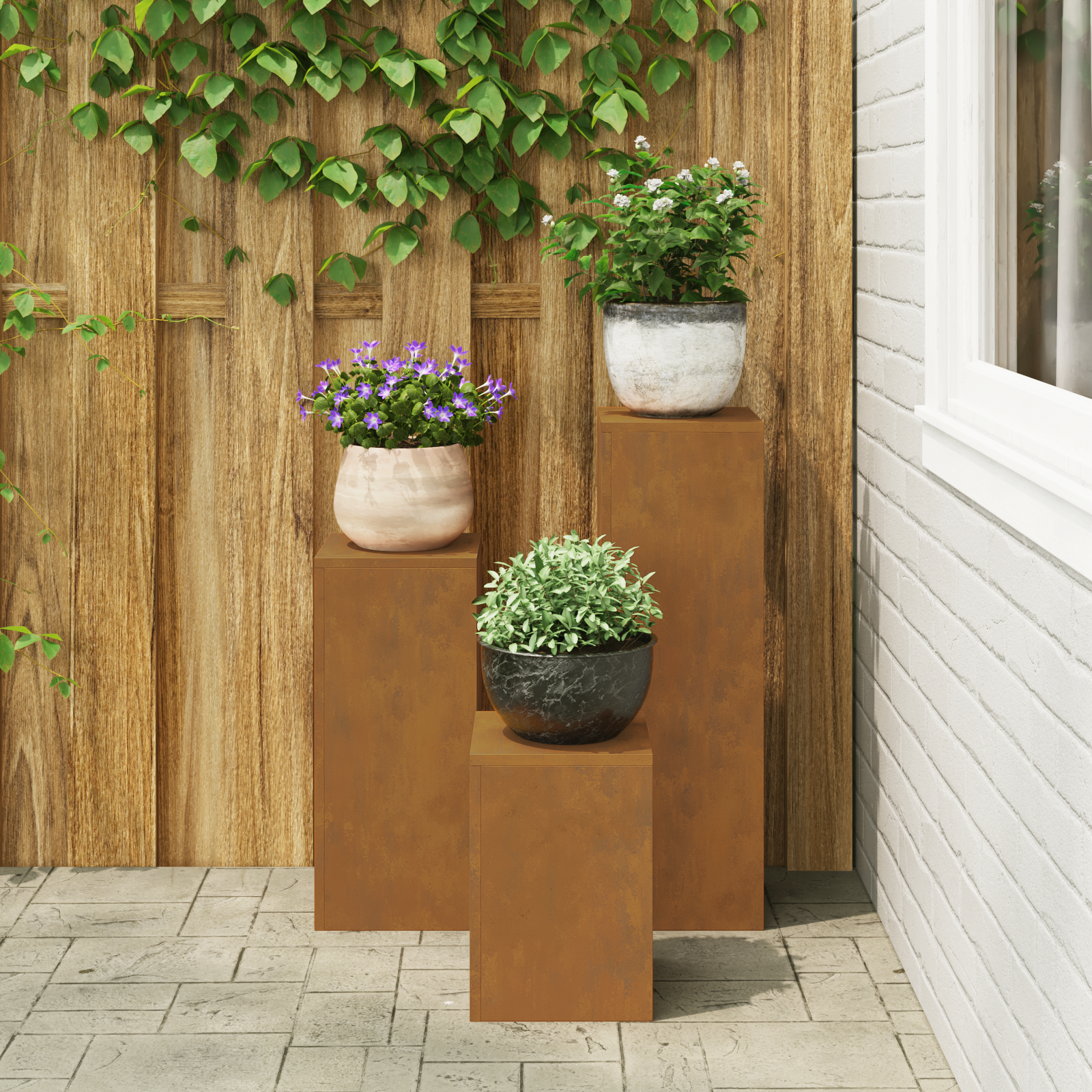 Suporturi plante pilon, exterior, 3 buc., oțel corten GartenMobel Dekor