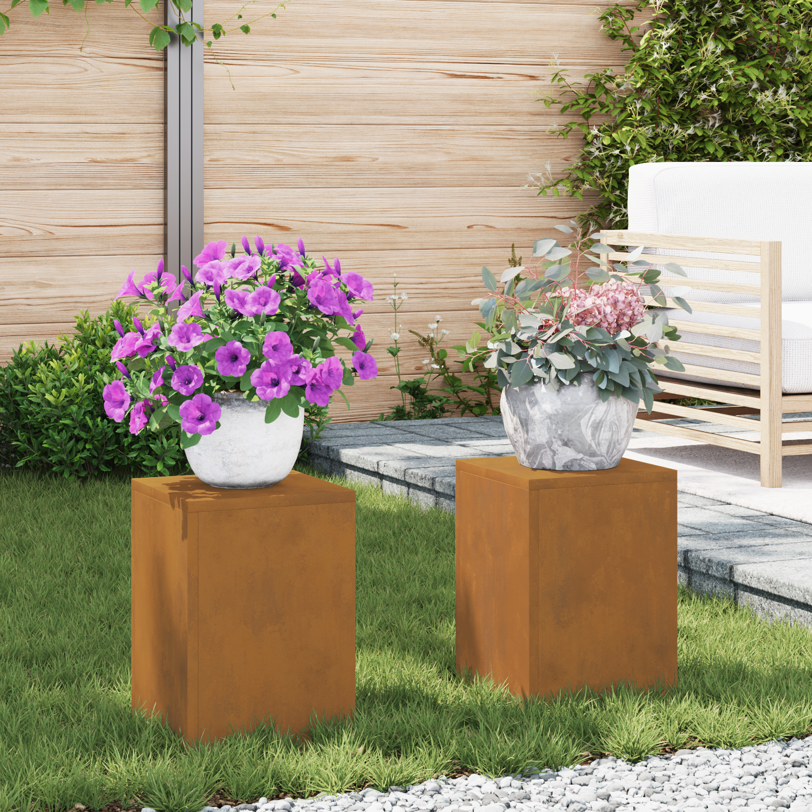 Suporturi plante pilon exterior 2 buc. 24x24x35 cm oțel corten GartenMobel Dekor