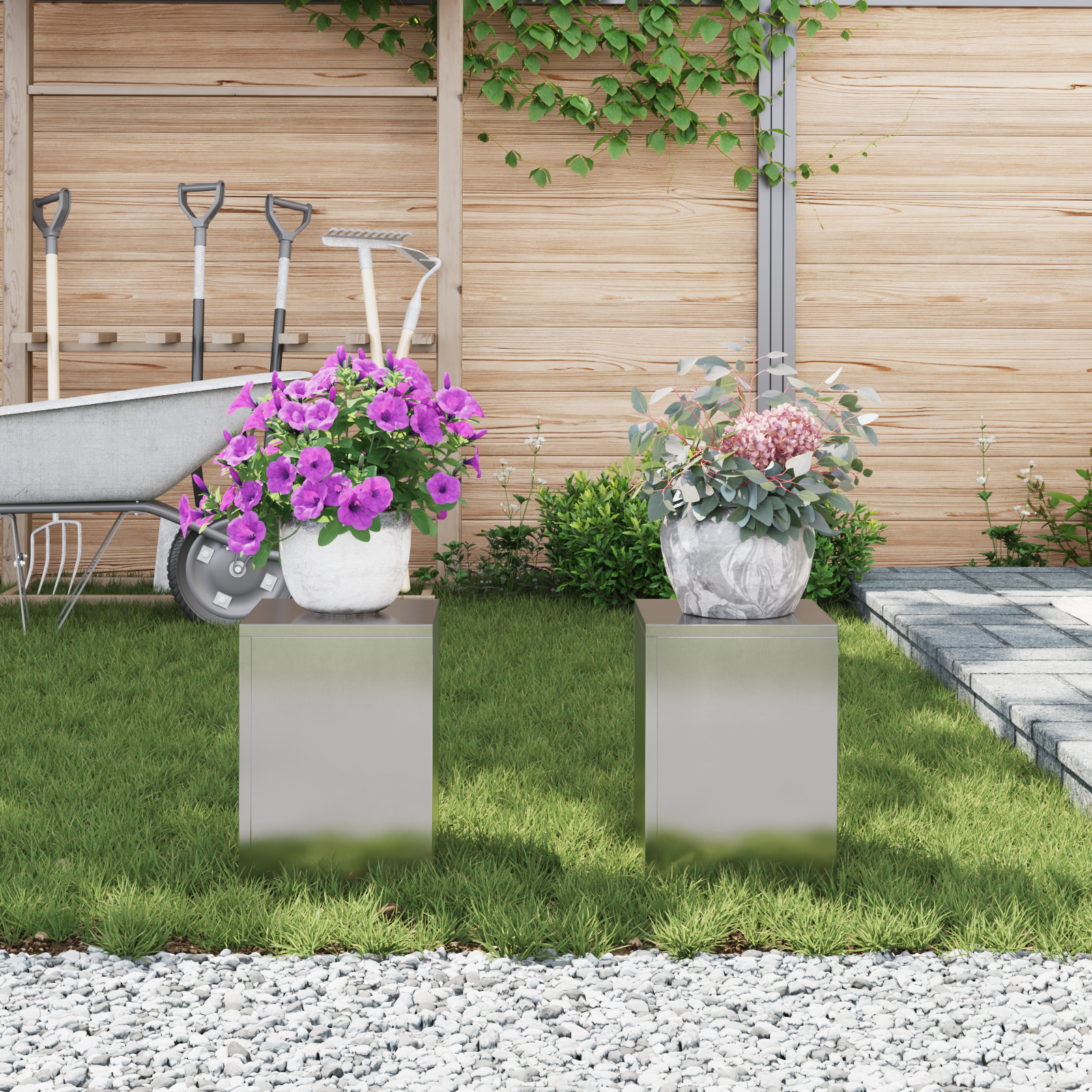 Suporturi plante pilon exterior 2 buc. 24x24x35 cm oțel inox. GartenMobel Dekor