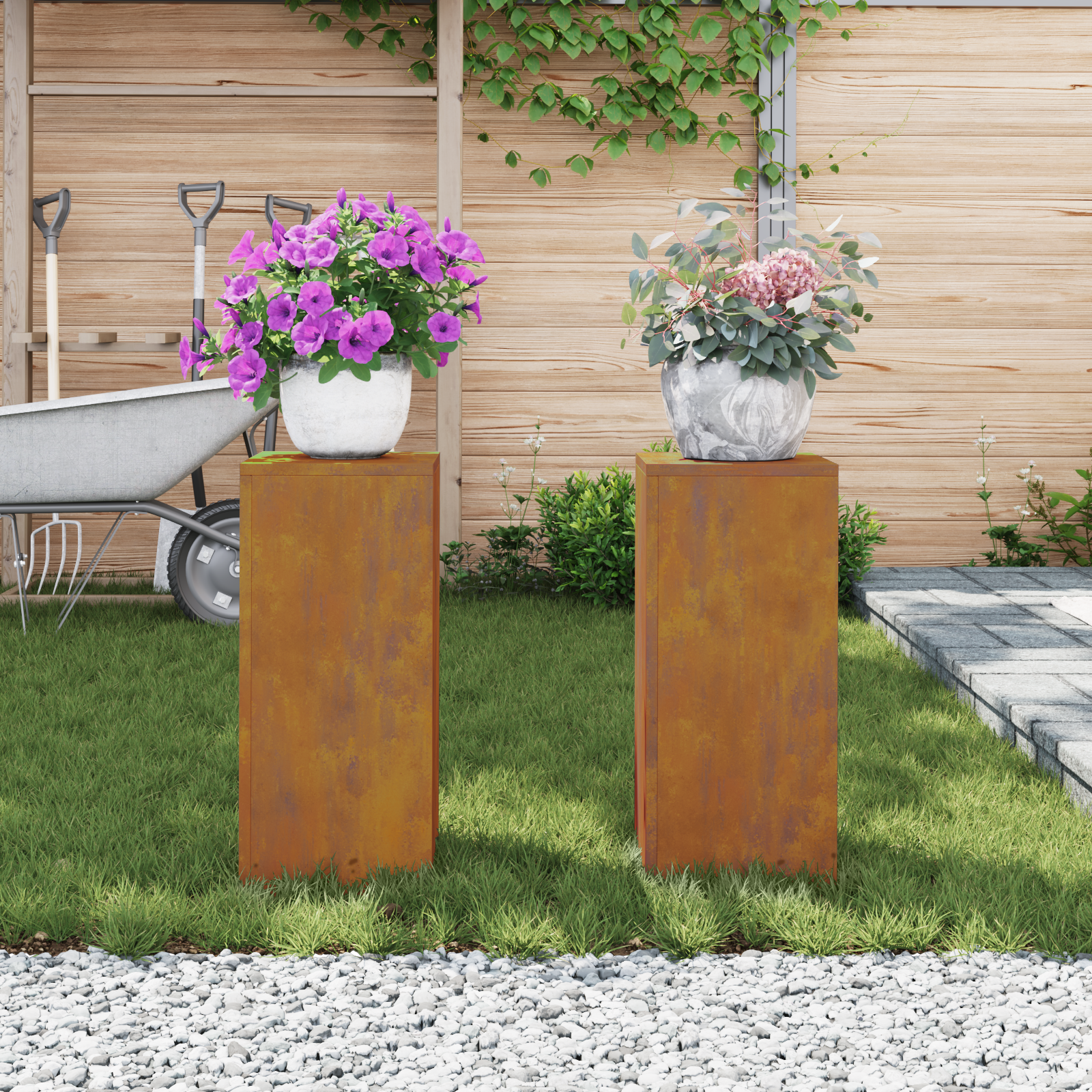 Suporturi plante pilon exterior 2 buc. 24x24x55 cm oțel corten GartenMobel Dekor