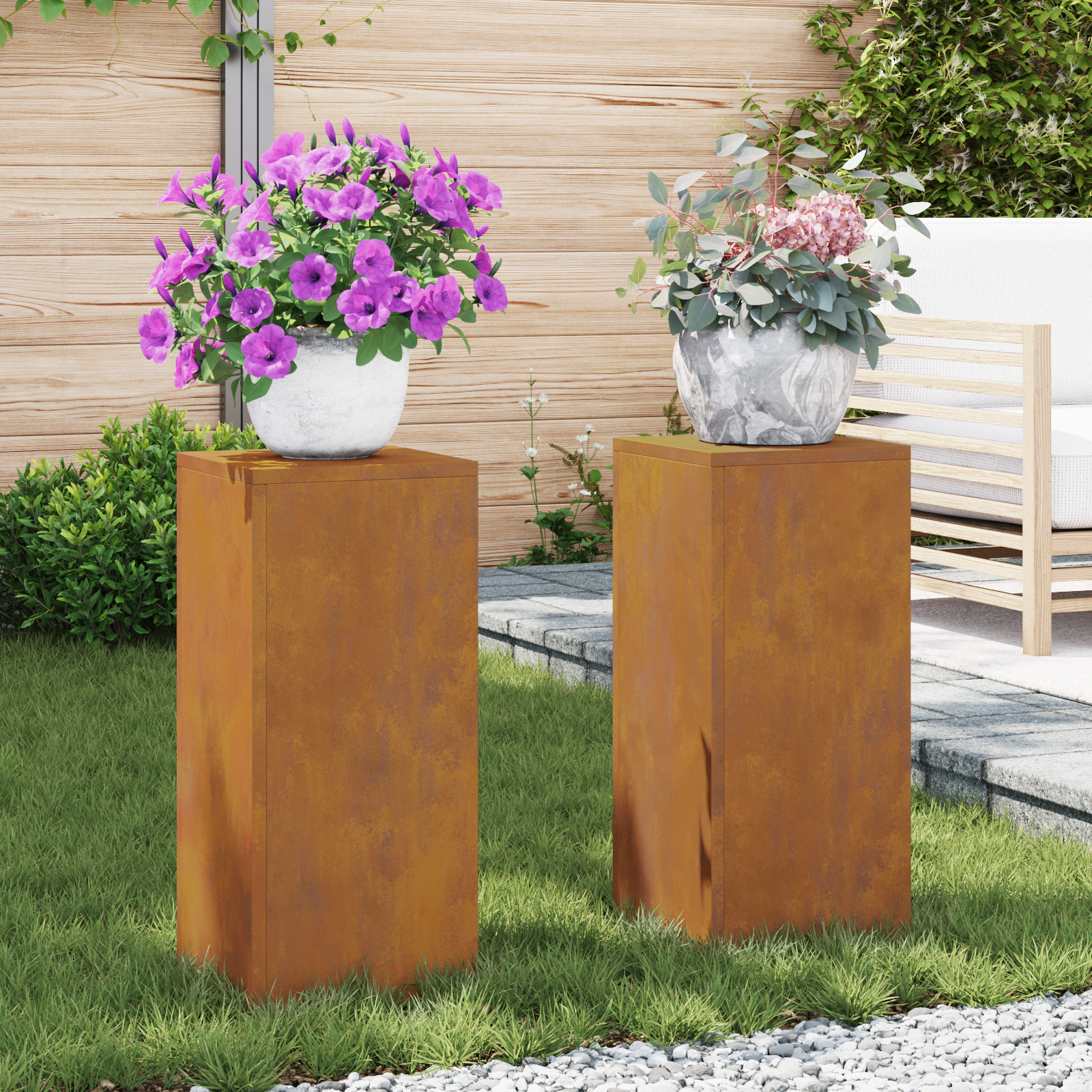 Suporturi plante pilon exterior 2 buc. 24x24x55 cm oțel corten GartenMobel Dekor