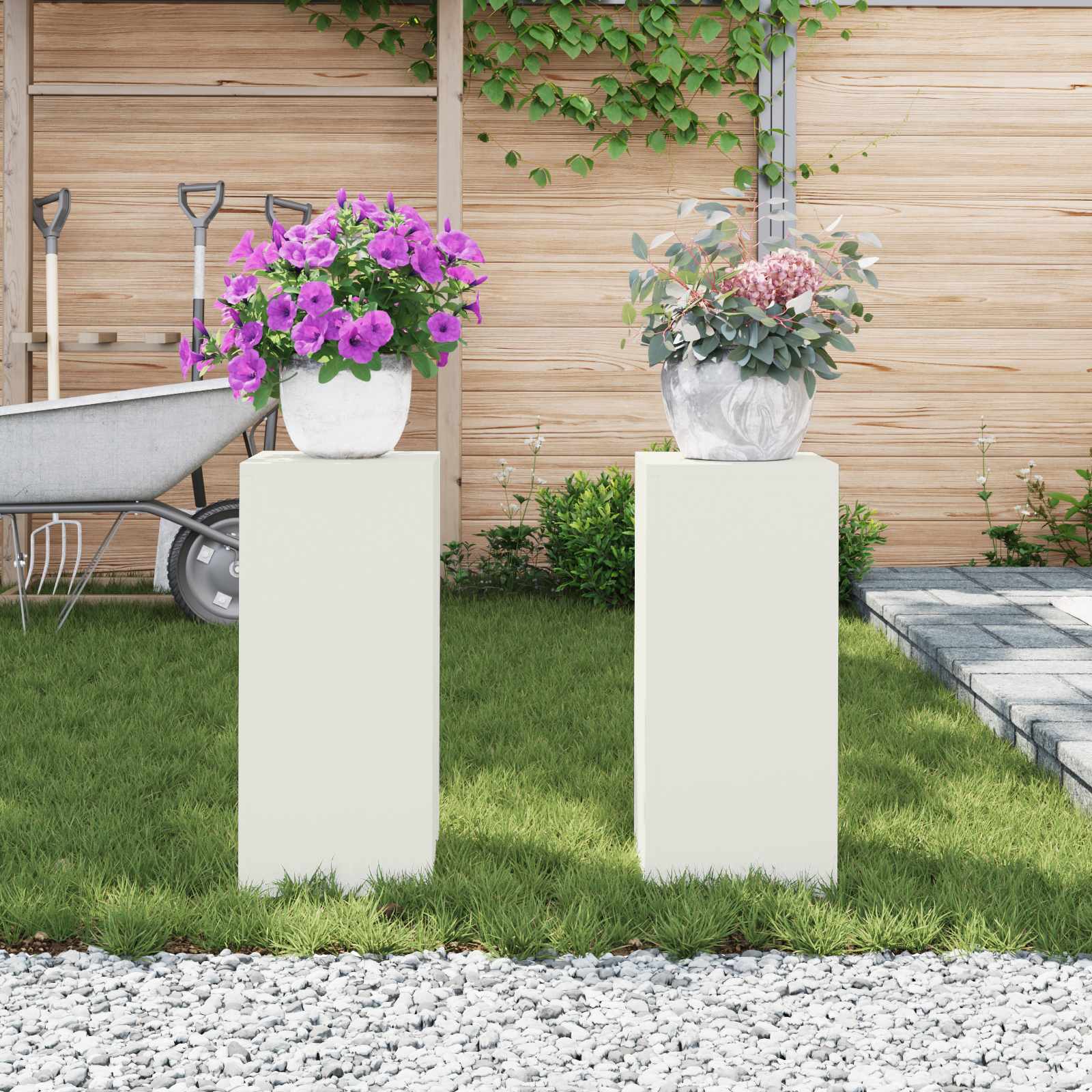 Suporturi plante pilon exterior 2 buc. alb 24x24x55 cm oțel GartenMobel Dekor