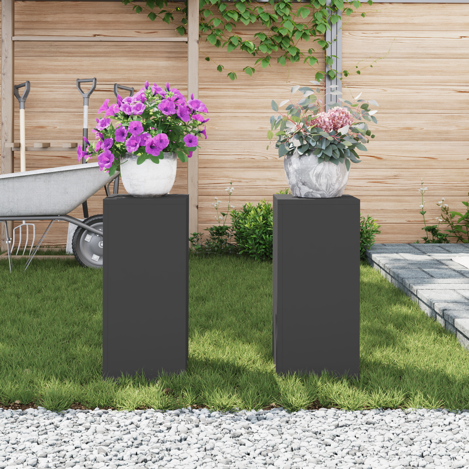 Suporturi plante pilon exterior 2 buc. negru 24x24x55 cm oțel GartenMobel Dekor