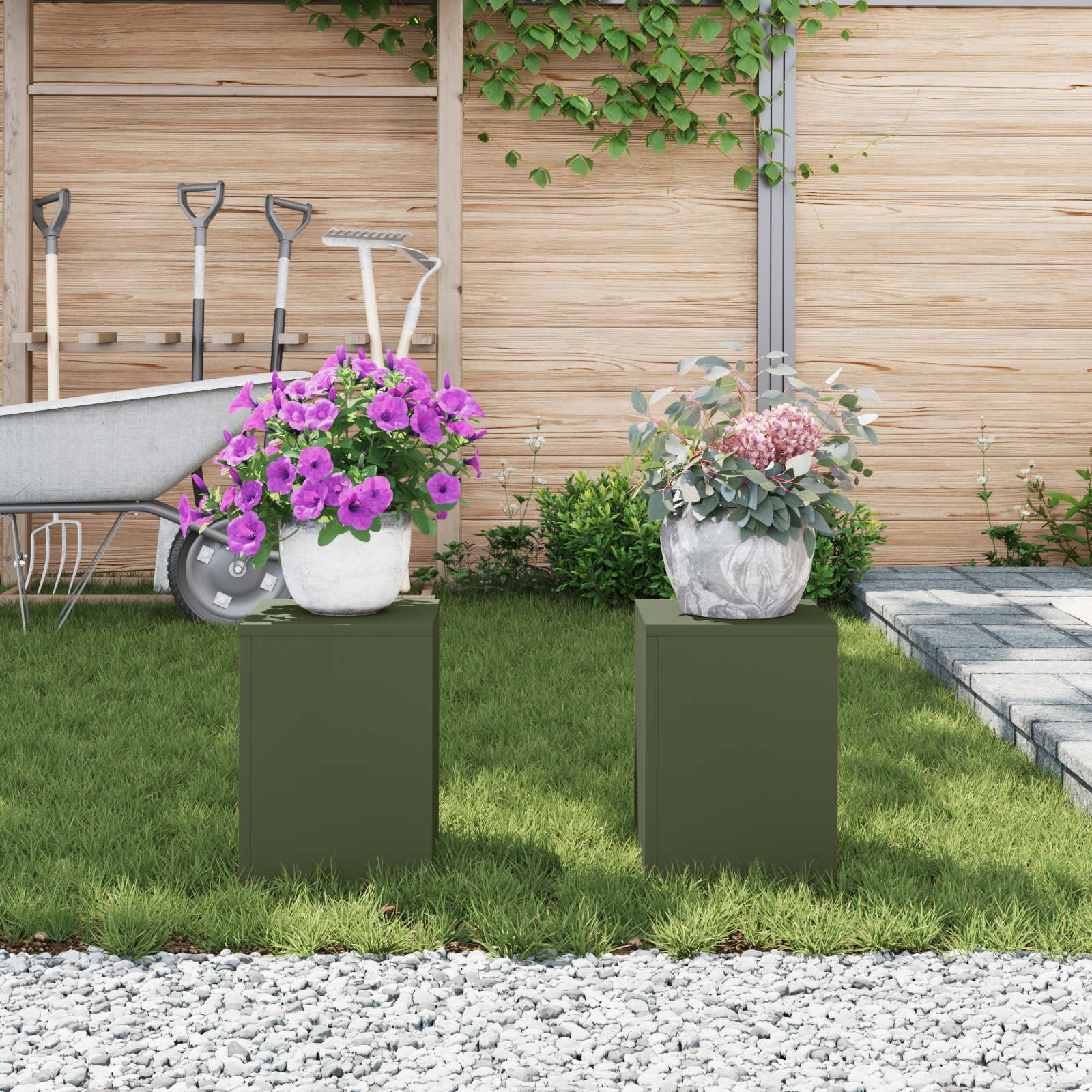 Suporturi plante pilon exterior 2 buc. oliv 24x24x35 cm oțel GartenMobel Dekor
