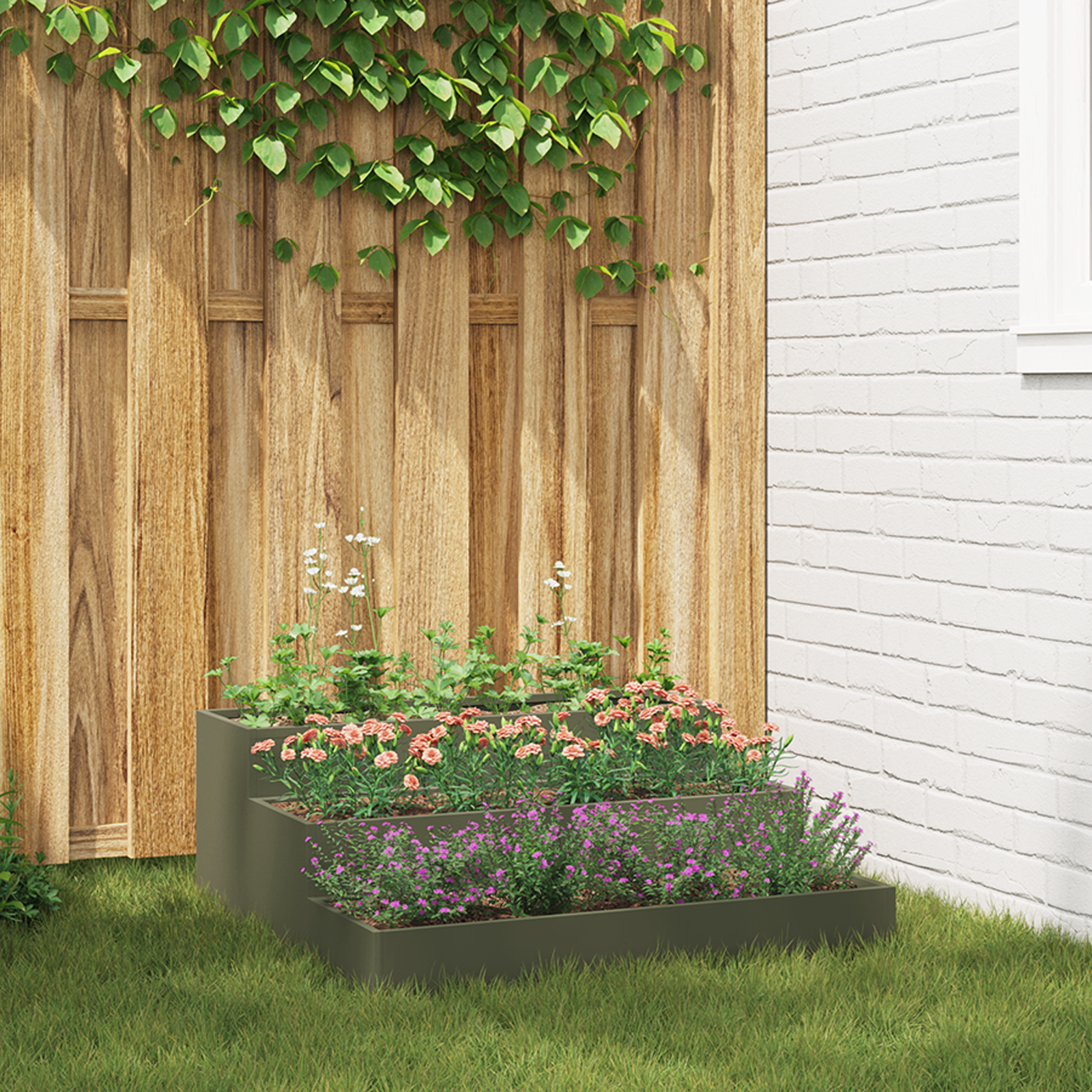 ghiveci de grădină 3-nivele 90x90x35 cm Verde măsliniu Oțel GartenMobel Dekor