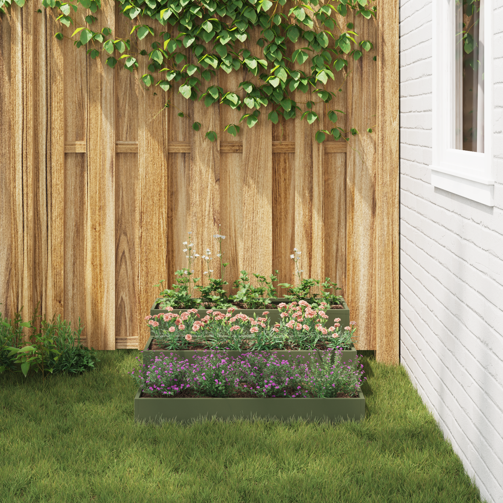ghiveci de grădină 3-nivele 90x90x35 cm Verde măsliniu Oțel GartenMobel Dekor