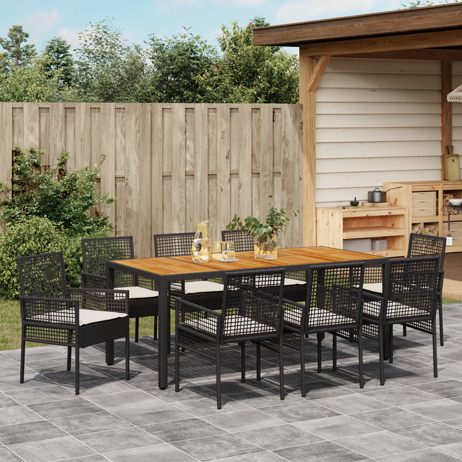 Set de Dining Grădină cu Perne Negru Ratan Poly GartenMobel Dekor