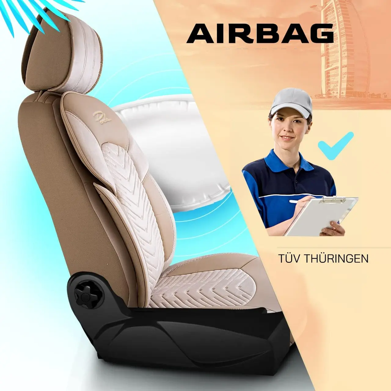 Set Huse Scaune Auto Panda Dubai, material textil cu piele ecologica, cu fermoare pentru bancheta rabatabila, bej, 11 piese Automobile ProTravel