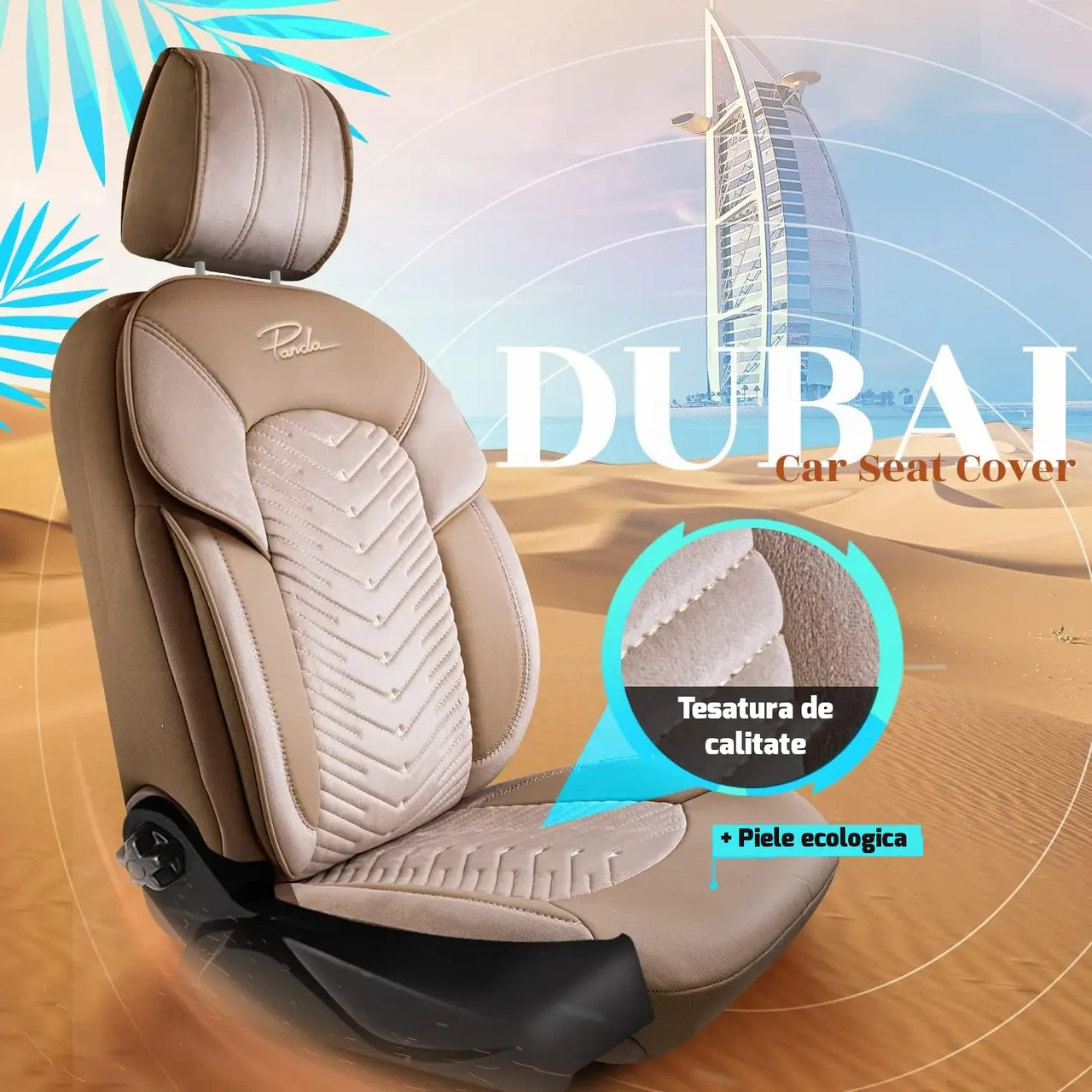 Set Huse Scaune Auto Panda Dubai, material textil cu piele ecologica, cu fermoare pentru bancheta rabatabila, bej, 11 piese Automobile ProTravel