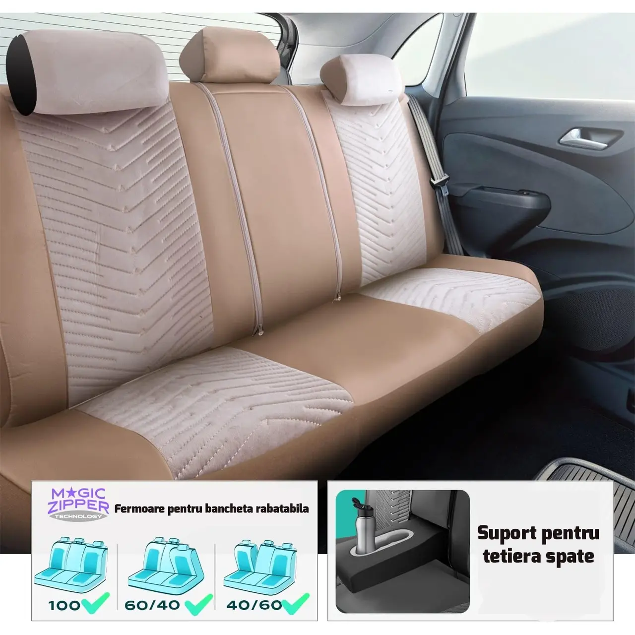 Set Huse Scaune Auto Panda Dubai, material textil cu piele ecologica, cu fermoare pentru bancheta rabatabila, bej, 11 piese Automobile ProTravel