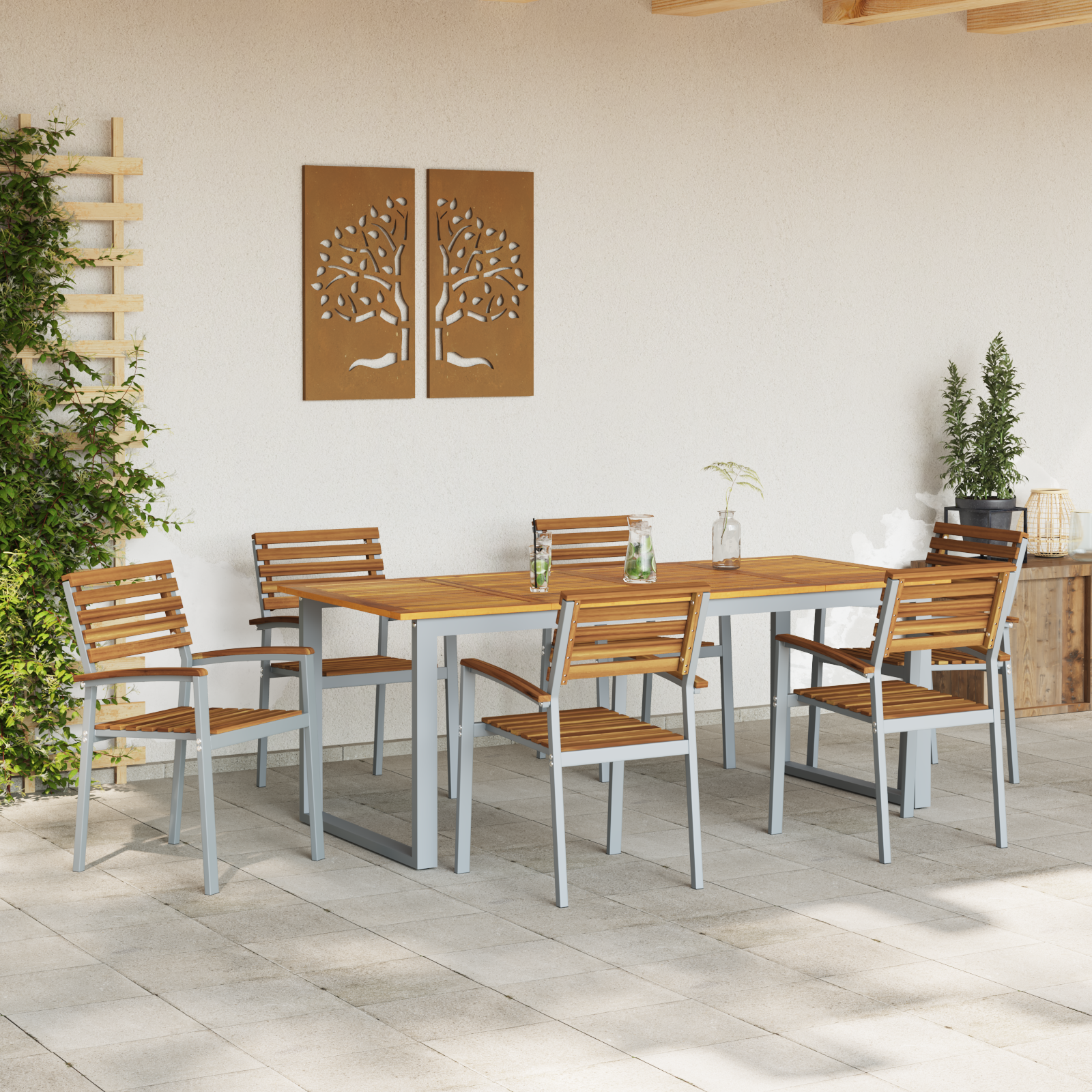 Scaune de grădină stackabile 6 bucăți din lemn solid de acacia și metal GartenMobel Dekor
