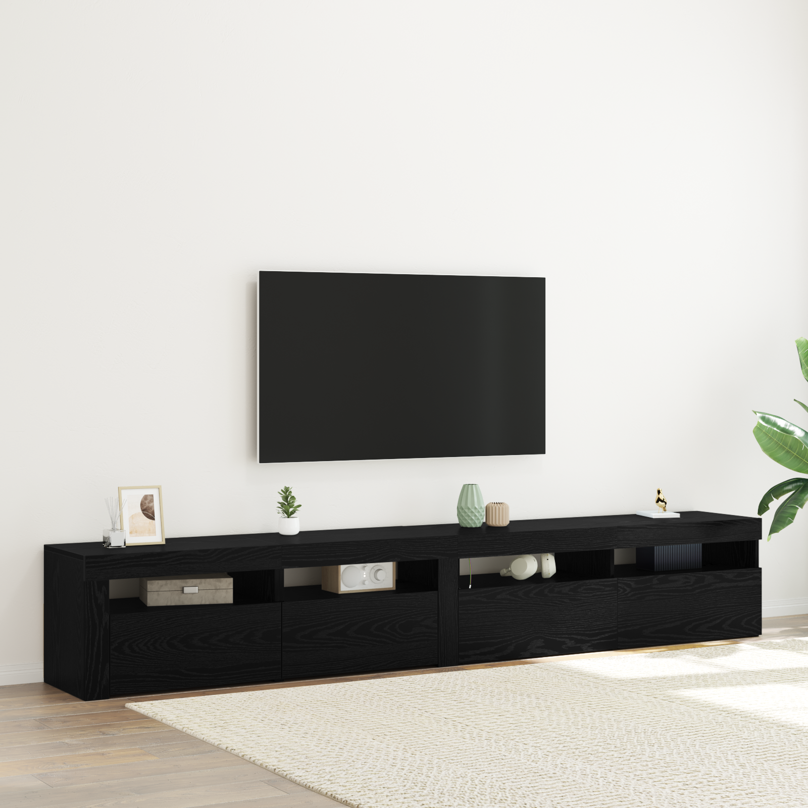 Cabinete TV 2 buc cu lumini LED din stejar negru și lemn ingineresc GartenMobel Dekor