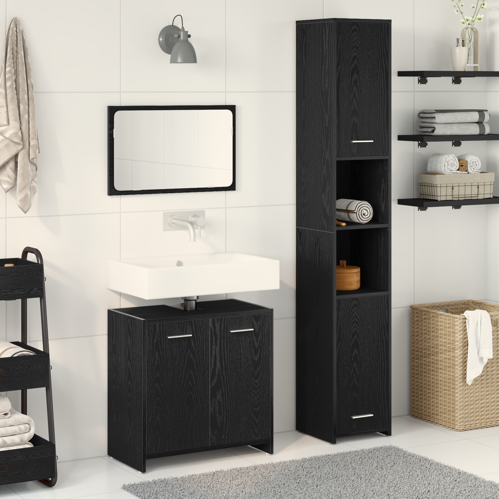 Set Mobilier pentru Baie 3 Piese Stejar Negru Lemn Prelucrat GartenMobel Dekor