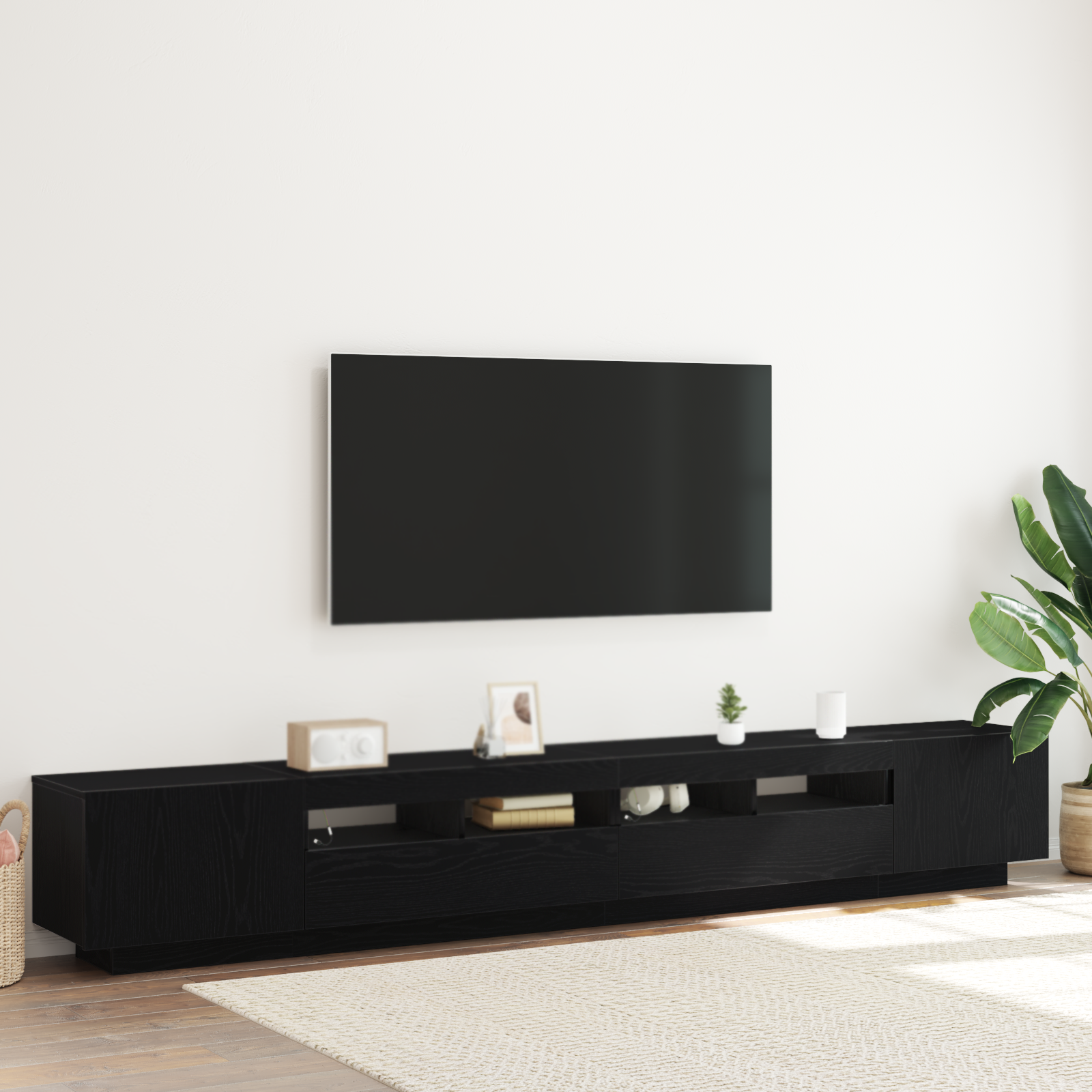 Cabinet TV cu LED-uri Stejar Negru 260x35x40 cm Lemn prelucrat GartenMobel Dekor