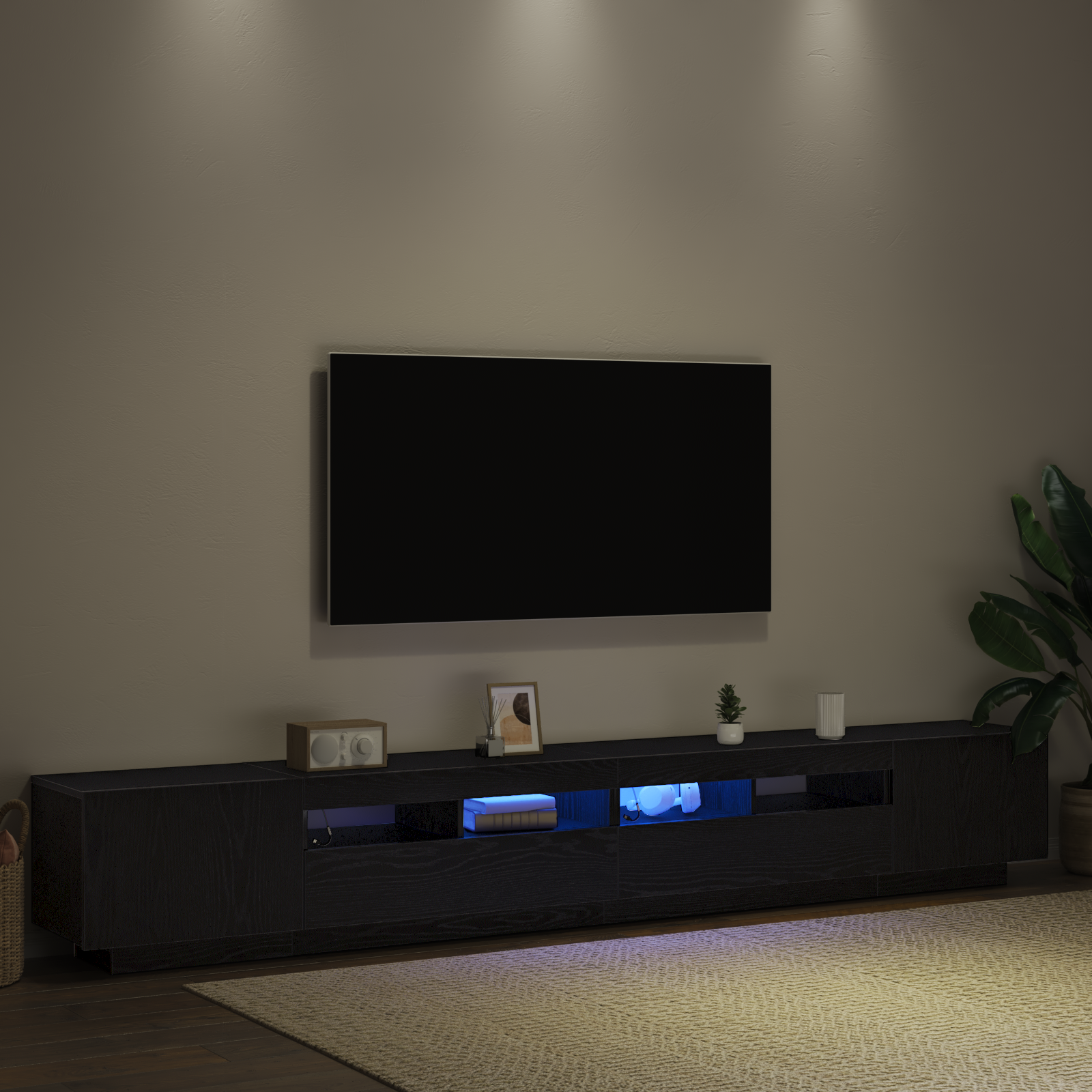 Cabinet TV cu LED-uri Stejar Negru 260x35x40 cm Lemn prelucrat GartenMobel Dekor