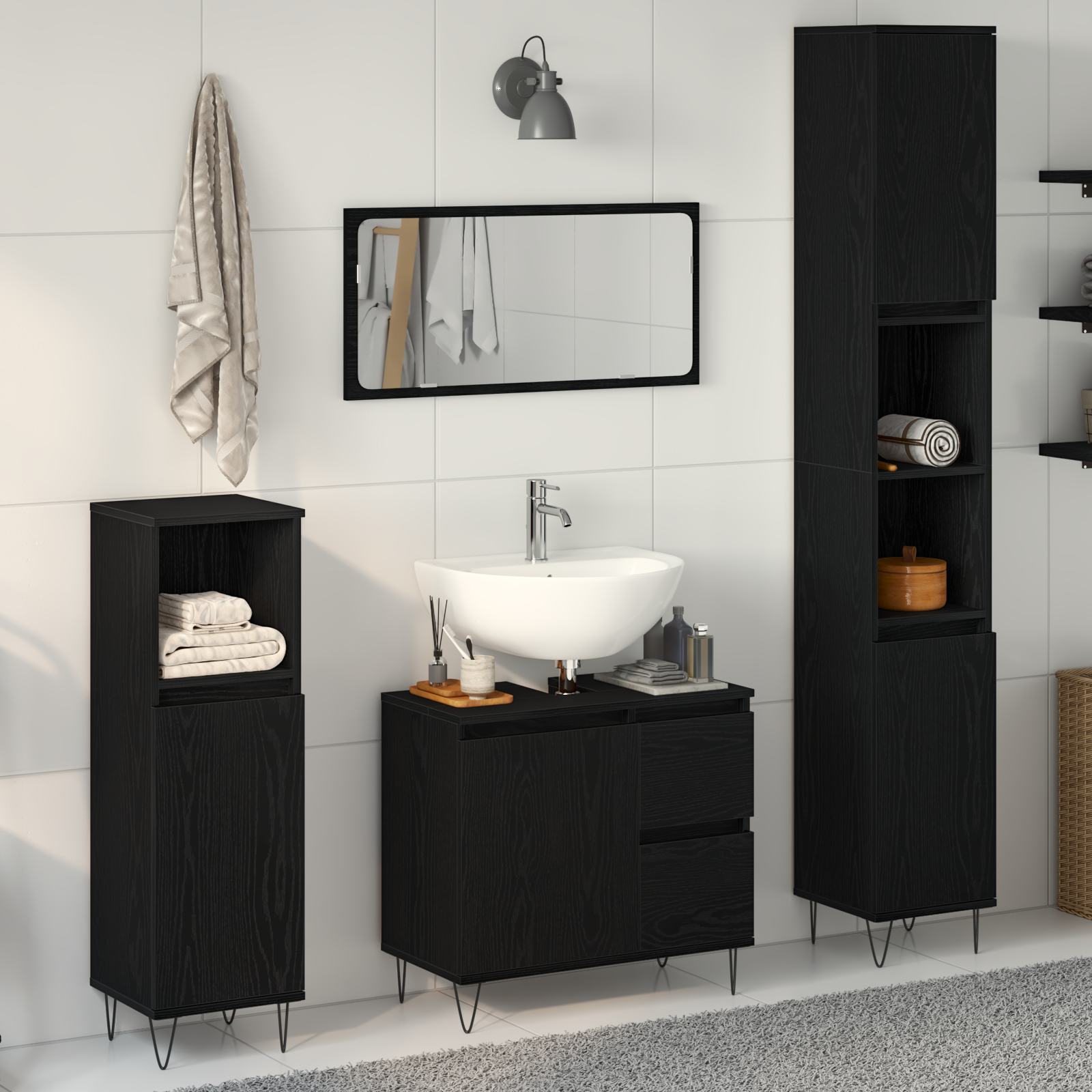 Set Mobilă Baie 3 Piese Stejar Negru Lemn Prelucrat GartenMobel Dekor