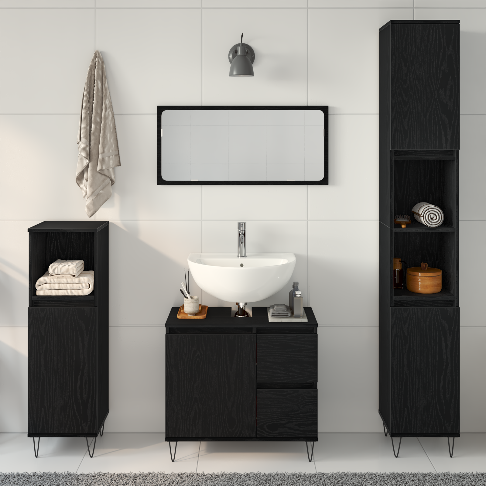 Set Mobilă Baie 3 Piese Stejar Negru Lemn Prelucrat GartenMobel Dekor
