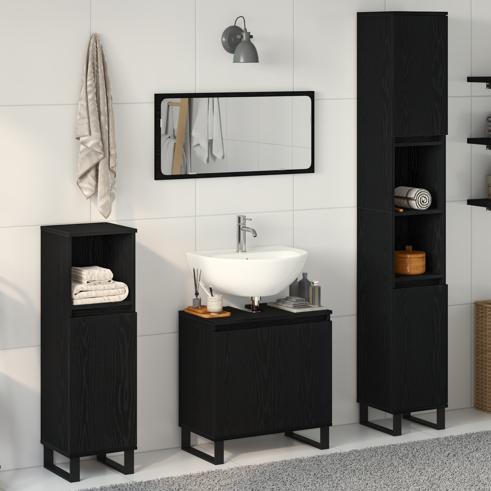 Set de Mobilier pentru Baie 3 Piese Stejar Negru din Lemn Ingineresc GartenMobel Dekor