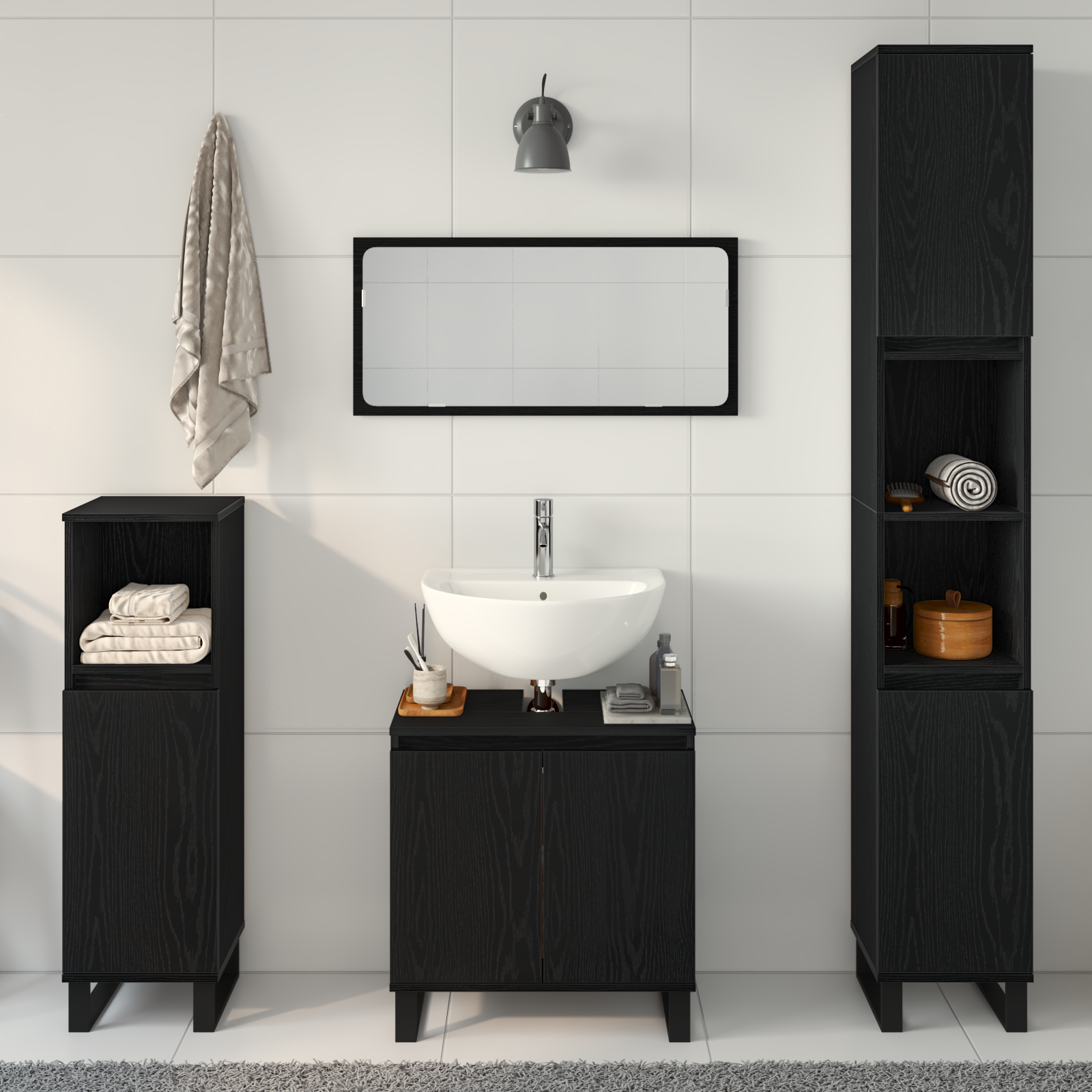 Set de Mobilier pentru Baie 3 Piese Stejar Negru din Lemn Ingineresc GartenMobel Dekor