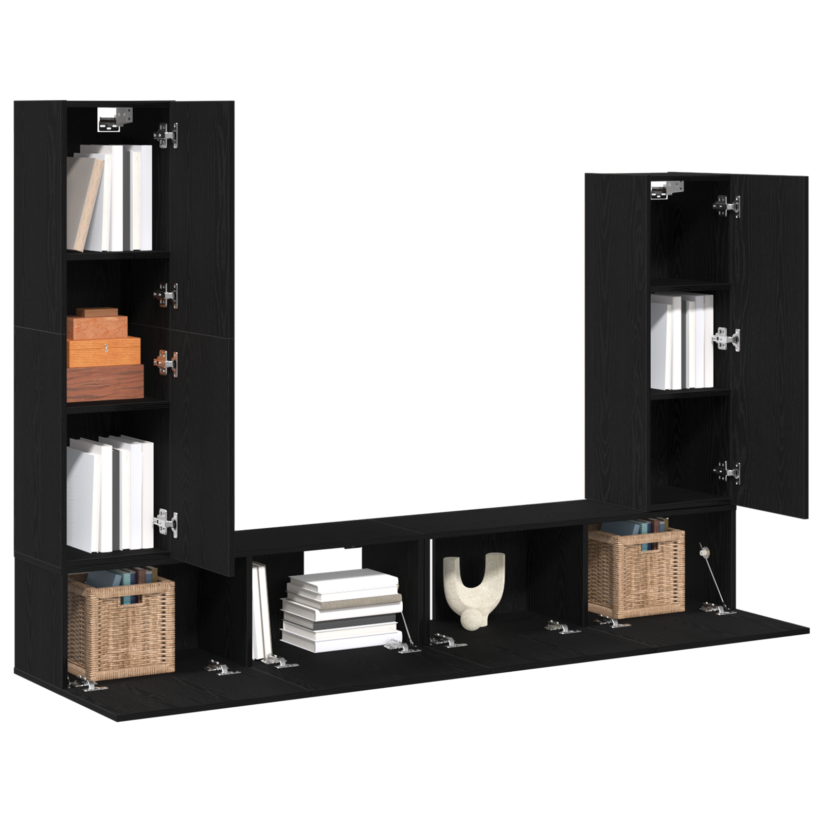 Set de dulap TV 4 piese montat pe perete lemn negru GartenMobel Dekor