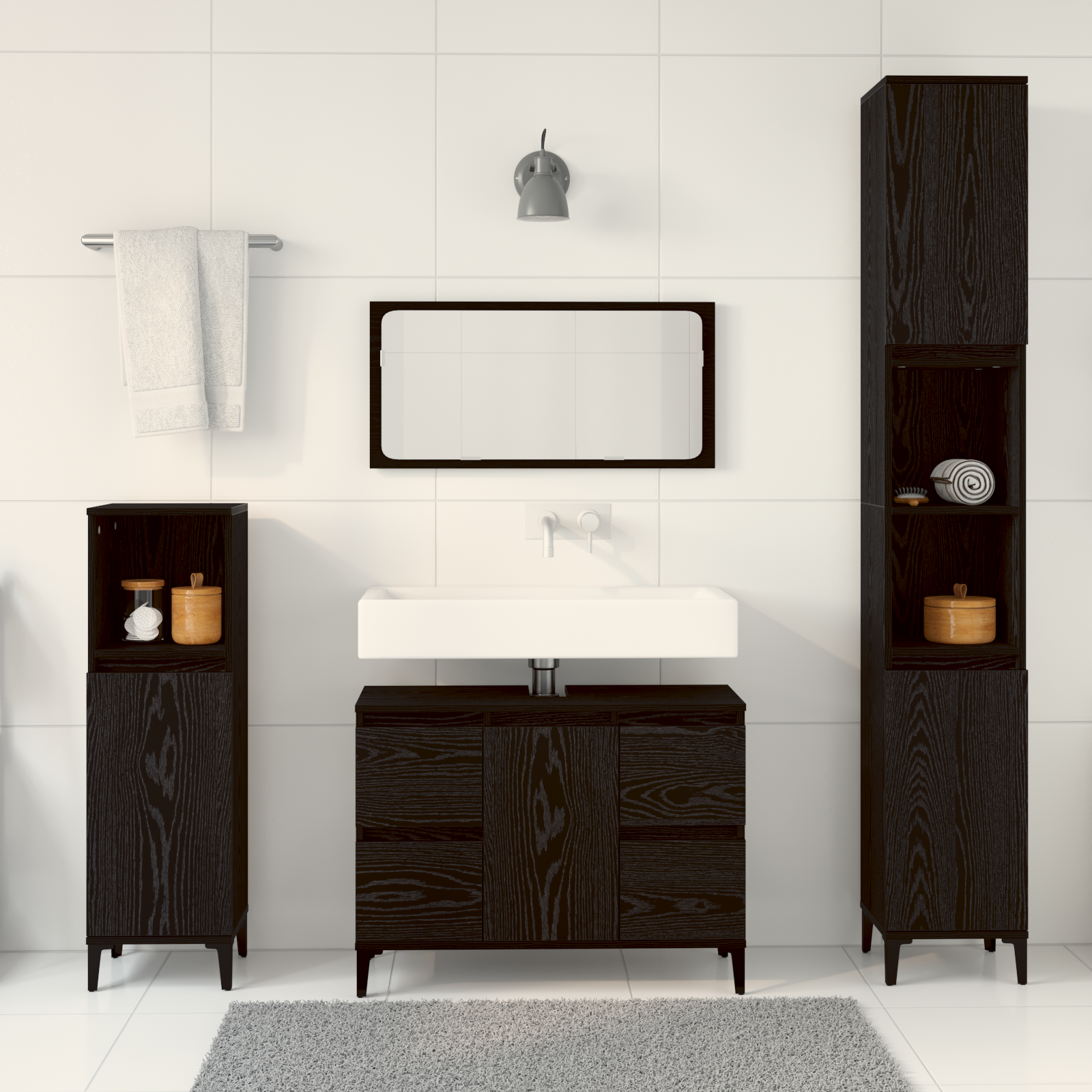 Set de mobilă pentru baie de 3 piese, stejar negru, lemn prelucrat GartenMobel Dekor
