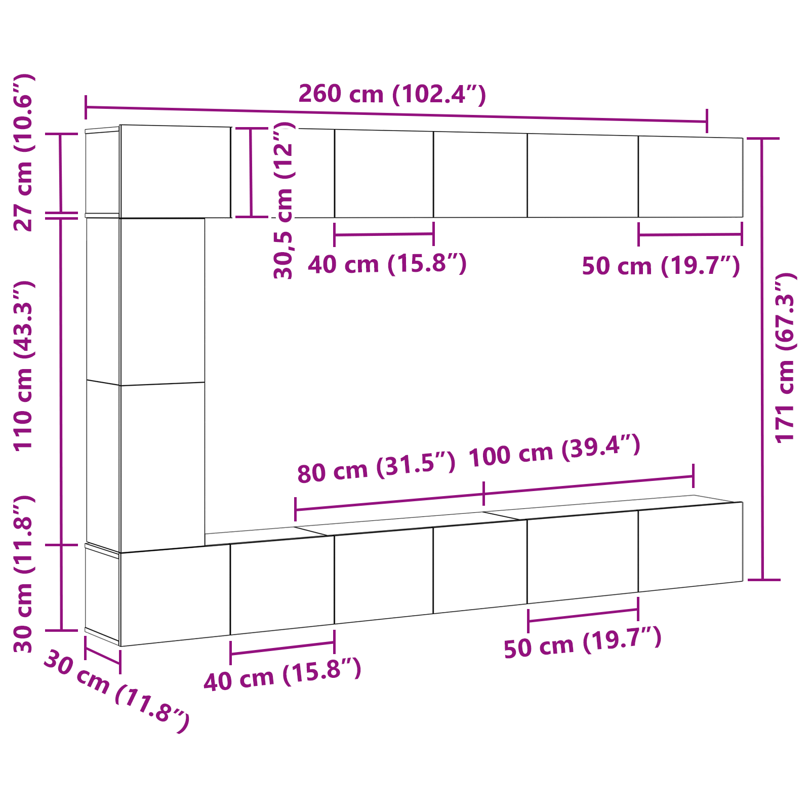 Set de mobilă pentru televizor , 7 piese, montat pe perete, din lemn de stejar negru GartenMobel Dekor