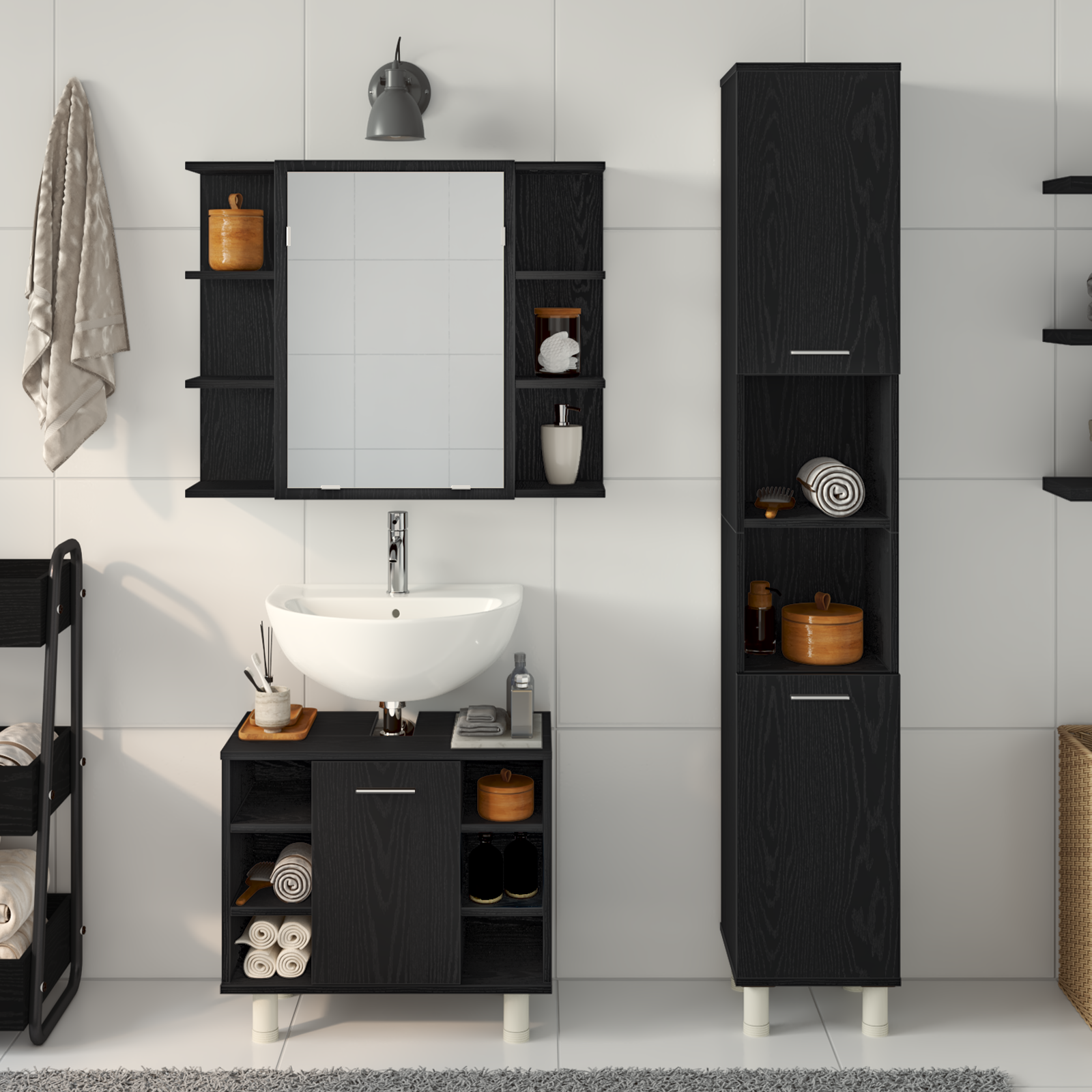 Set de mobilier pentru baie , 3 piese, Stejar negru, Lemn de inginerie GartenMobel Dekor