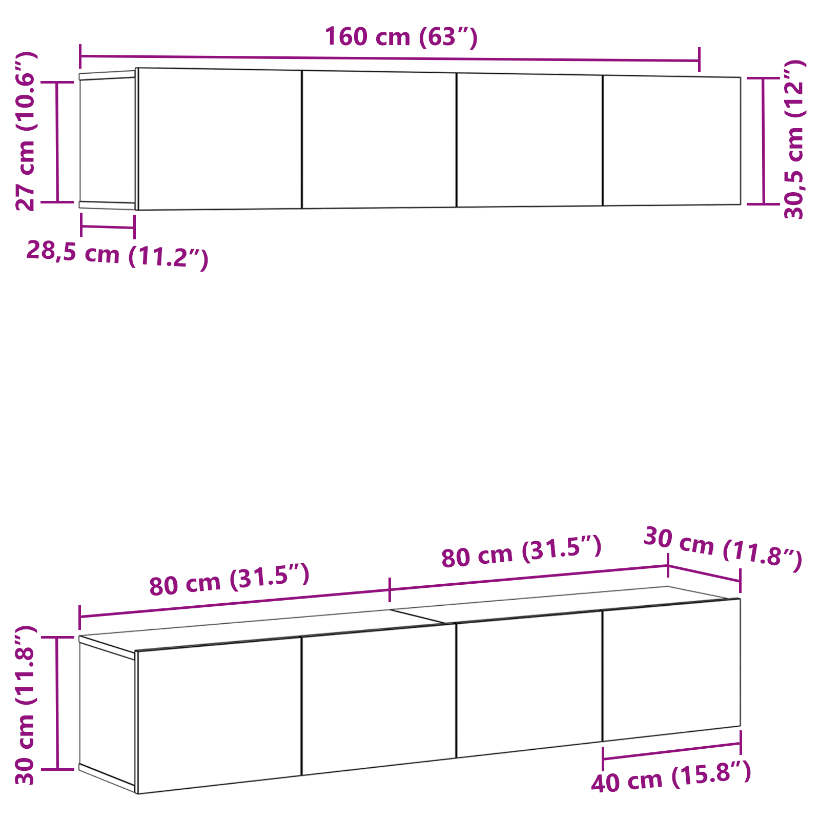Set dulap TV, 4 piese, de perete, stejar negru, lemn prelucrat GartenMobel Dekor