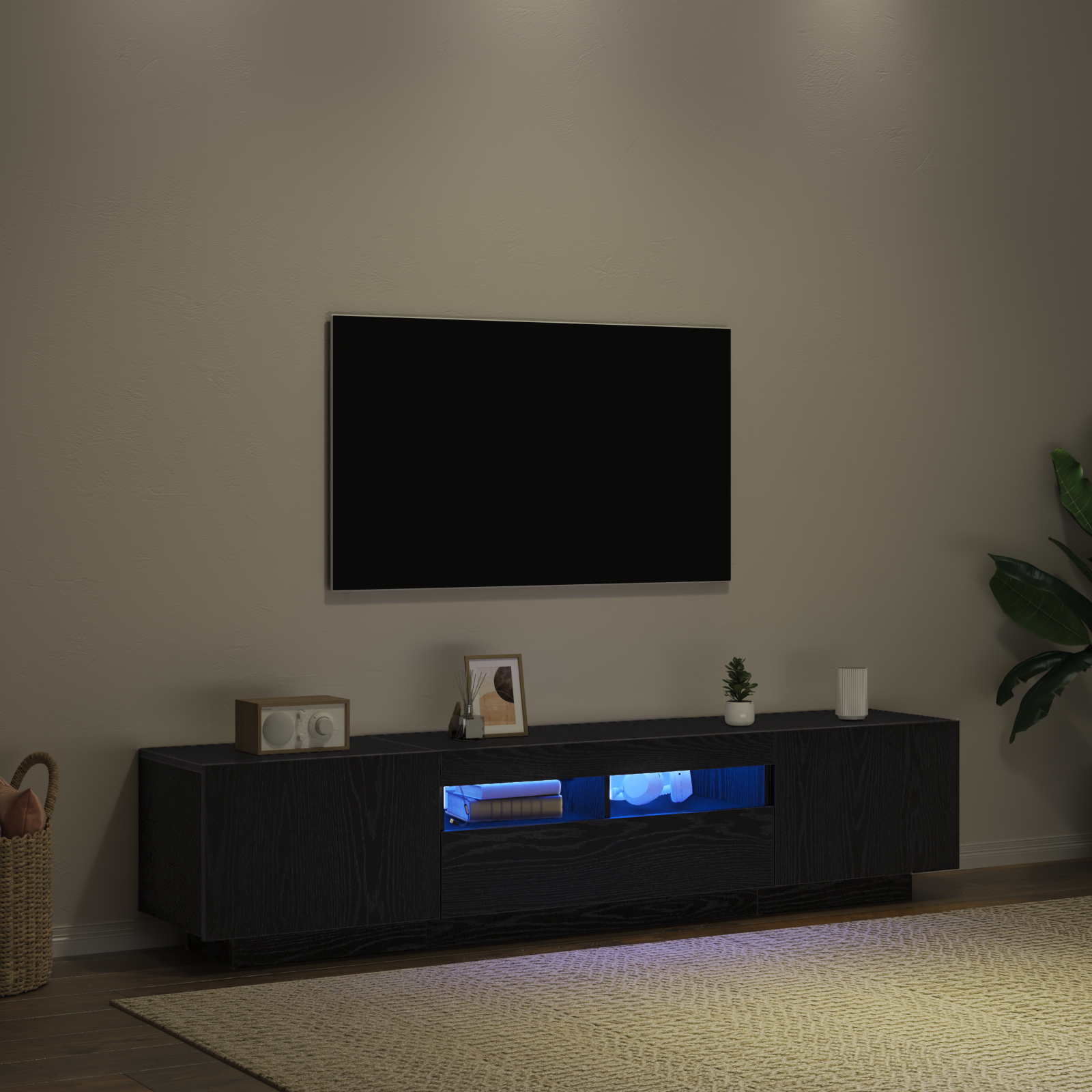 Dulap TV  cu lumini LED, stejar negru, 180x35x40 cm, din lemn prelucrat GartenMobel Dekor