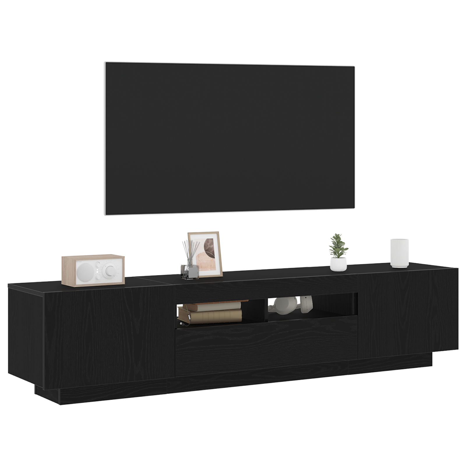Dulap TV  cu lumini LED, stejar negru, 180x35x40 cm, din lemn prelucrat GartenMobel Dekor