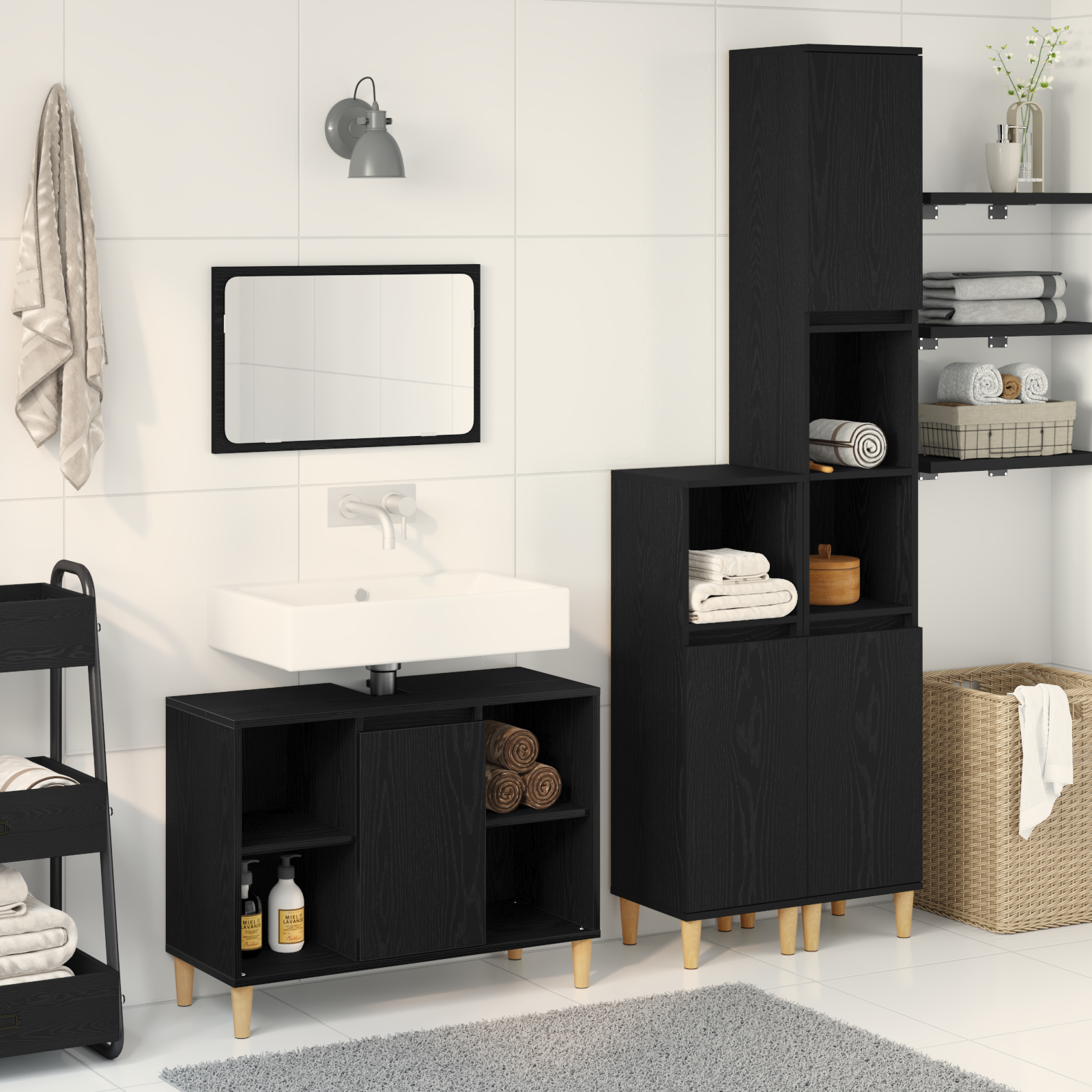 Set mobilier baie  3 piese stejar negru lemn prelucrat GartenMobel Dekor