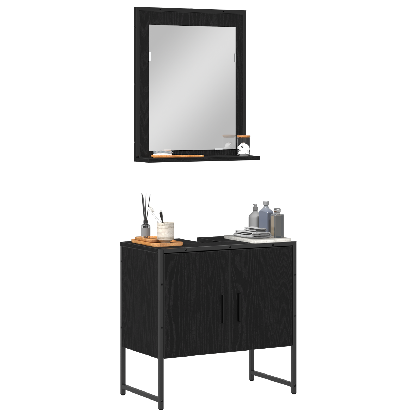 Set de dulapuri pentru baie 2 piese Negru Stejar din lemn tehnologic GartenMobel Dekor