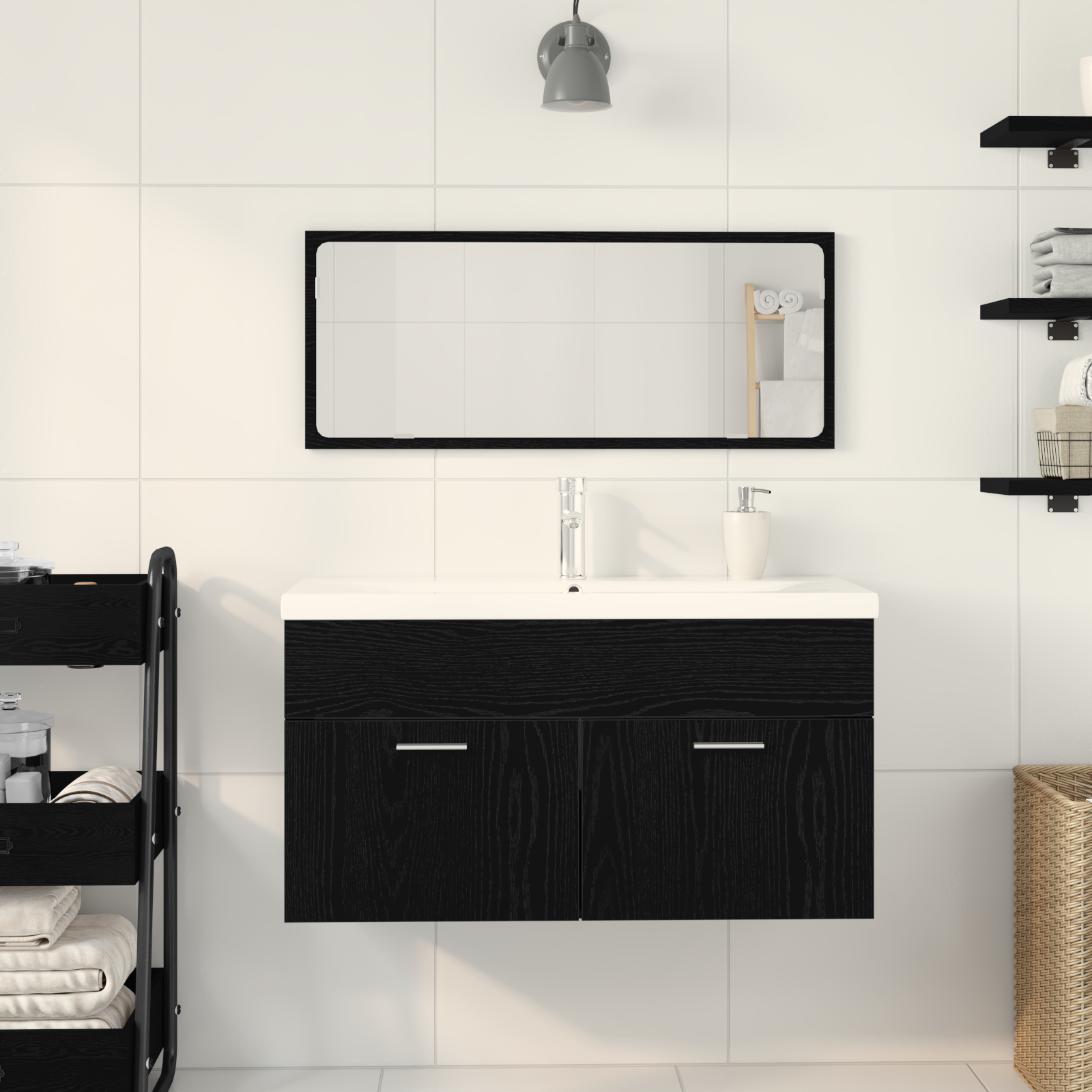 Set de mobilier pentru baie 3 piese din lemn de stejar negru GartenMobel Dekor